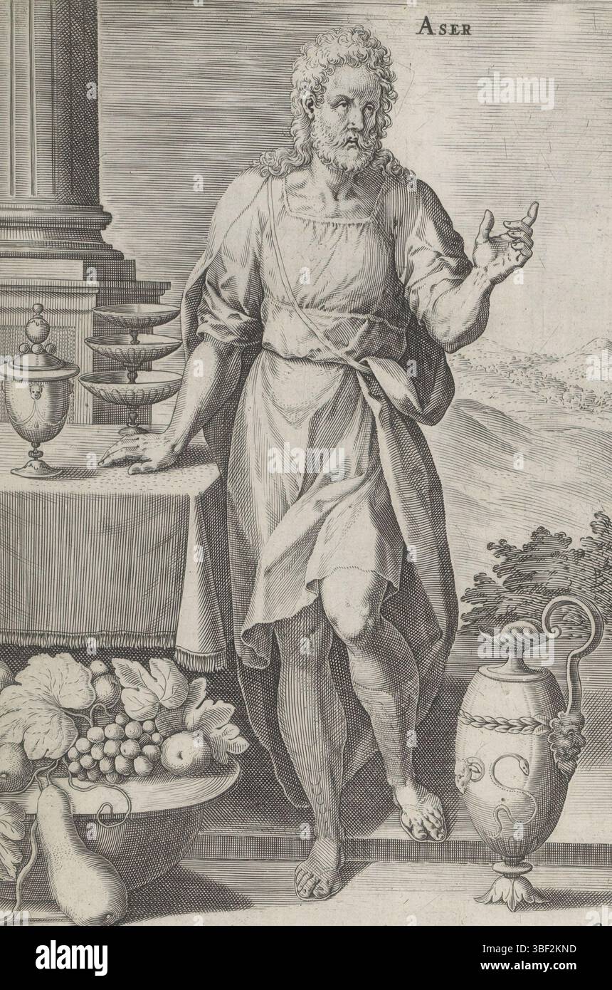 Amsterdam, Visscher, Claes Jansz. II) Broeck, Crispijn van den, Antwerpen, Sadeler, Johann (I), Theatrum Biblicum hoc Est Historiae Sacrae Veteris et Novi Testamenti Tabulis Aeneis Expressae, die zwölf Gründungsväter Israels, Stamvaders Aser und Nathali, Amsterdam, Antwerpen, linker Stammesvater Aser, der achte Sohn Jakobs. Auf dem Boden neben ihm eine Schüssel Obst und ein Glas. Naphali, der sechste Sohn Jakobs, des Vaters der Rechten. Ein Hirsch neben ihm. Unter den Aufführungen findet sich ein lateinischer Hinweis auf den Bibeltext. Dieser Ausdruck ist Teil eines Albums., Druck, Albumsheet, Ausdrucke, Höhe 219 mm, Stockfoto