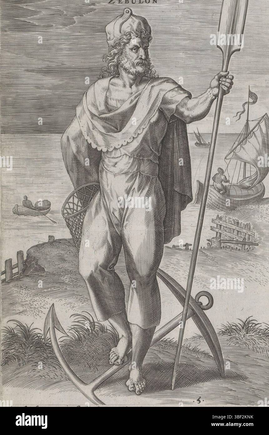 Amsterdam, Visscher, Claes Jansz. II) Broeck, Crispijn van den, Antwerpen, Sadeler, Johann (I), Theatrum Biblicum hoc Est Historiae Sacrae Veteris et Novi Testamenti Tabulis Aeneis Expressae, die zwölf Gründungsväter Israels, Stamvaders Zebulon und Issachar, Amsterdam, Antwerpen, linker Stammesvater Zebulon, der zehnte Sohn Jakobs. Er ist als Fischer gekleidet. Auf dem Boden neben ihm ein Anker. Im Hintergrund das Meer und ein Strand, ein Hinweis auf die Residenz von Zebulon. Issachar, der neunte Sohn Jakobs, des Vaters der rechten Hand. Neben ihm liegt ein Esel, eine Anspielung auf Issachar A Stockfoto