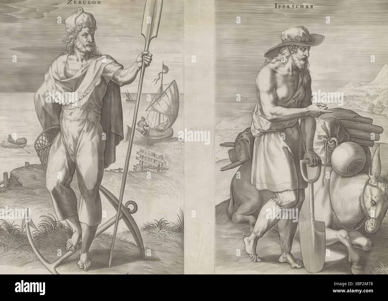 Alkmaar, Schabaelje, Jan Philipsz, Amsterdam, Visscher, Claes Jansz. II) Broeck, Crispijn van den, Sadeler, Johann (I), den Grooten Figuer-Bibel, die zwölf Gründungsväter Israels, Van de twaelf Patriarchen, Stamvaders Zebulon und Issachar, unten rechts – handgeschrieben in brauner Tinte, linker Vater Zebulon, der zehnte Sohn Jakobs. Er ist als Fischer gekleidet. Auf dem Boden neben ihm ein Anker. Im Hintergrund das Meer und ein Strand, ein Hinweis auf die Residenz von Zebulon. Issachar, der neunte Sohn Jakobs, des Vaters der rechten Hand. Neben ihm liegt ein Esel, ein Hinweis auf Issachar als A Stockfoto