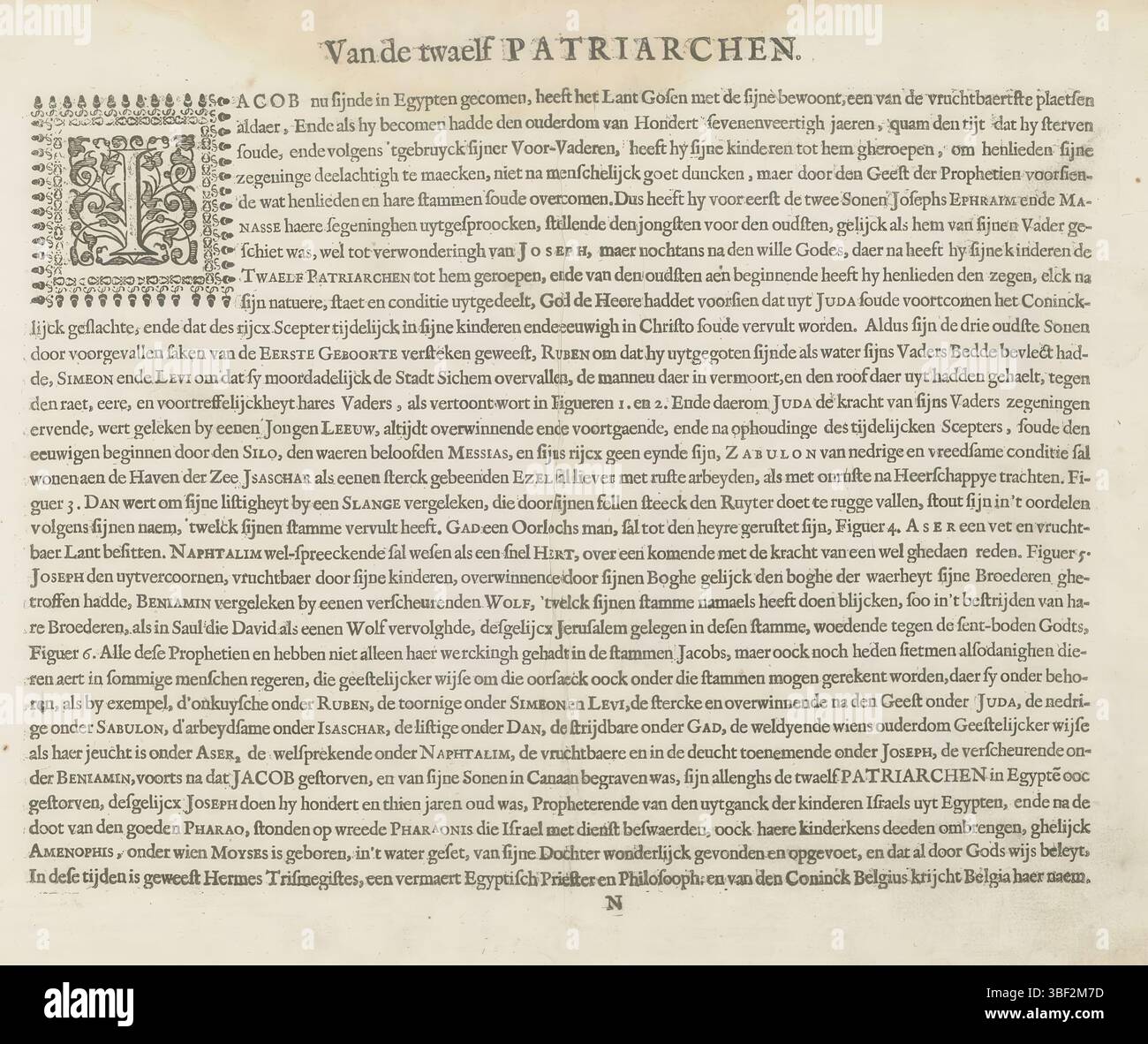 Alkmaar, Schabaelje, Jan Philipsz, Alkmaar, Brekegeest, Simon Cornelisz, den Grooten Figuer-Bibel, Van de twaelf Patriarchen, Textblatt für eine Druckserie über die zwölf Gründungsväter Israels. Dieses Blatt ist Teil eines Albums., Textblatt, Albumblatt, Ausdrucke, Höhe 258 mm, Breite 320 mm, 1592 - 1656-04, Writer, 1646 - 1646, Papier, Buchdruck, Buchdruck, Holzschnitt, Drucker, Publikation (Event), Publikation, Herausgeber Stockfoto