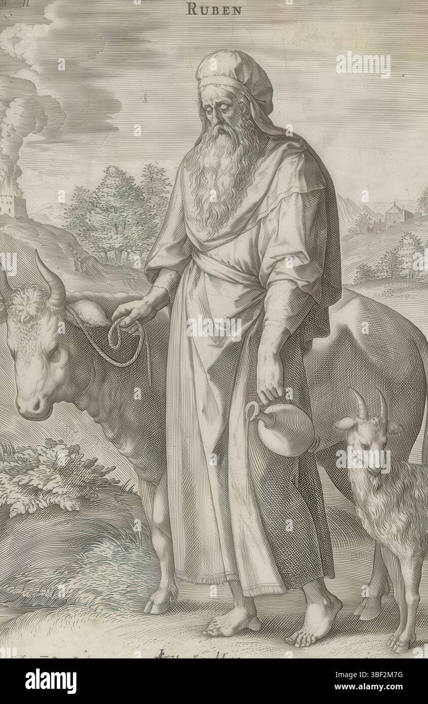 Alkmaar, Schabaelje, Jan Philipsz, Amsterdam, Visscher, Claes Jansz. II) Broeck, Crispijn van den, Sadeler, Johann (I), den Grooten Figuer-Bibel, die zwölf Gründungsväter Israels, Van de twaelf Patriarchen, Stamvaders Ruben und Simeon, unten rechts – handgeschrieben in brauner Tinte, linker Familienvater Ruben, der älteste Sohn Jakobs, in einer Landschaft mit einer Kuh und einer Ziege neben ihm. In seiner linken Hand ein Krug. Und Simeon, der zweite Sohn Jakobs, des Vaters der Rechten, in Rüstung in einer Landschaft. Hinter ihm liegen die Leichen von Sichem und zwei seiner Männer, die Simeon zusammen mit Levi in Rev getötet hatte Stockfoto
