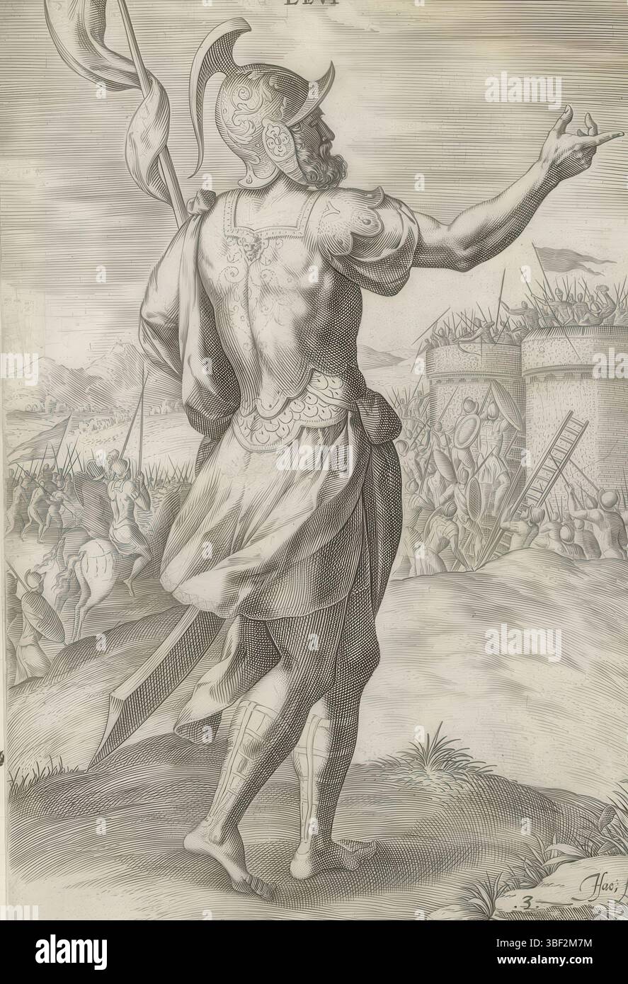 Alkmaar, Schabaelje, Jan Philipsz, Amsterdam, Visscher, Claes Jansz. II) Broeck, Crispijn van den, Sadeler, Johann (I), den Grooten Figuer-Bibel, die zwölf Gründungsväter Israels, Van de twaelf Patriarchen, Stamvaders Levi und Juda, unten rechts – handgeschrieben in brauner Tinte, linker Vater Levi, der dritte Sohn Jakobs, in Rüstung. Im Hintergrund stand die Belagerung der Stadt Sichem, die Levi und Simeon als Rache für die Entehrung ihrer Schwester Dina zerstörten. Und Juda, der vierte Sohn Jakobs, der Vater des rechten Vaters, mit Rüstung. An seiner Seite ein Löwe, ein Hinweis auf den Vergleich Stockfoto