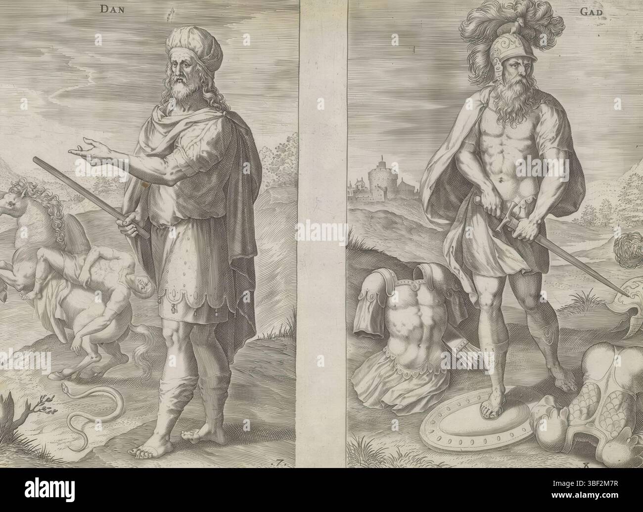 Alkmaar, Schabaelje, Jan Philipsz, Amsterdam, Visscher, Claes Jansz. II) Broeck, Crispijn van den, Sadeler, Johann (I), den Grooten Figuer-Bibel, die zwölf Gründungsväter Israels, Van de twaelf Patriarchen, Stamvaders Dan und Gad, unten rechts – handgeschrieben in brauner Tinte, linker Vorfahr Dan, fünfter Sohn Jakobs. Er hat den Stab der Richter in der Hand. Im Hintergrund ein Pferd, das von einer Schlange gebissen wird, bezieht sich auf Dan als Rechtsdurchsetzer und als „Schlange auf der Straße“. Vater der rechten Hand, Gad, der siebte Sohn Jakobs. Es ist auf einem Schild und auf dem Boden ist ein Kabelbaum. Unter den p Stockfoto