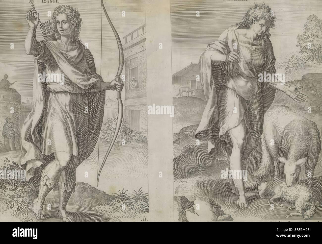 Alkmaar, Schabaelje, Jan Philipsz, Amsterdam, Visscher, Claes Jansz. II) Broeck, Crispijn van den, Sadeler, Johann (I), den Grooten Figuer-Bibel, die zwölf Gründungsväter Israels, Van de twaelf Patriarchen, Stamvaders Jozef und Benjamin, unten rechts – handgeschrieben in brauner Tinte, linker Vater Joseph, elfter Sohn Jakobs. Joseph hält einen Bogen und zieht einen Pfeil aus einem Rohr auf seinem Rücken. Vater der rechten Hand, Benjamin, der zwölfte und letzte Sohn Jakobs. Neben Benjamin verschlingt ein Wolf ein Schaf, was Benjamin als „gerissener Wolf“ bezeichnet. Unter den Darbietungen findet sich ein lateinischer Bezug auf Th Stockfoto