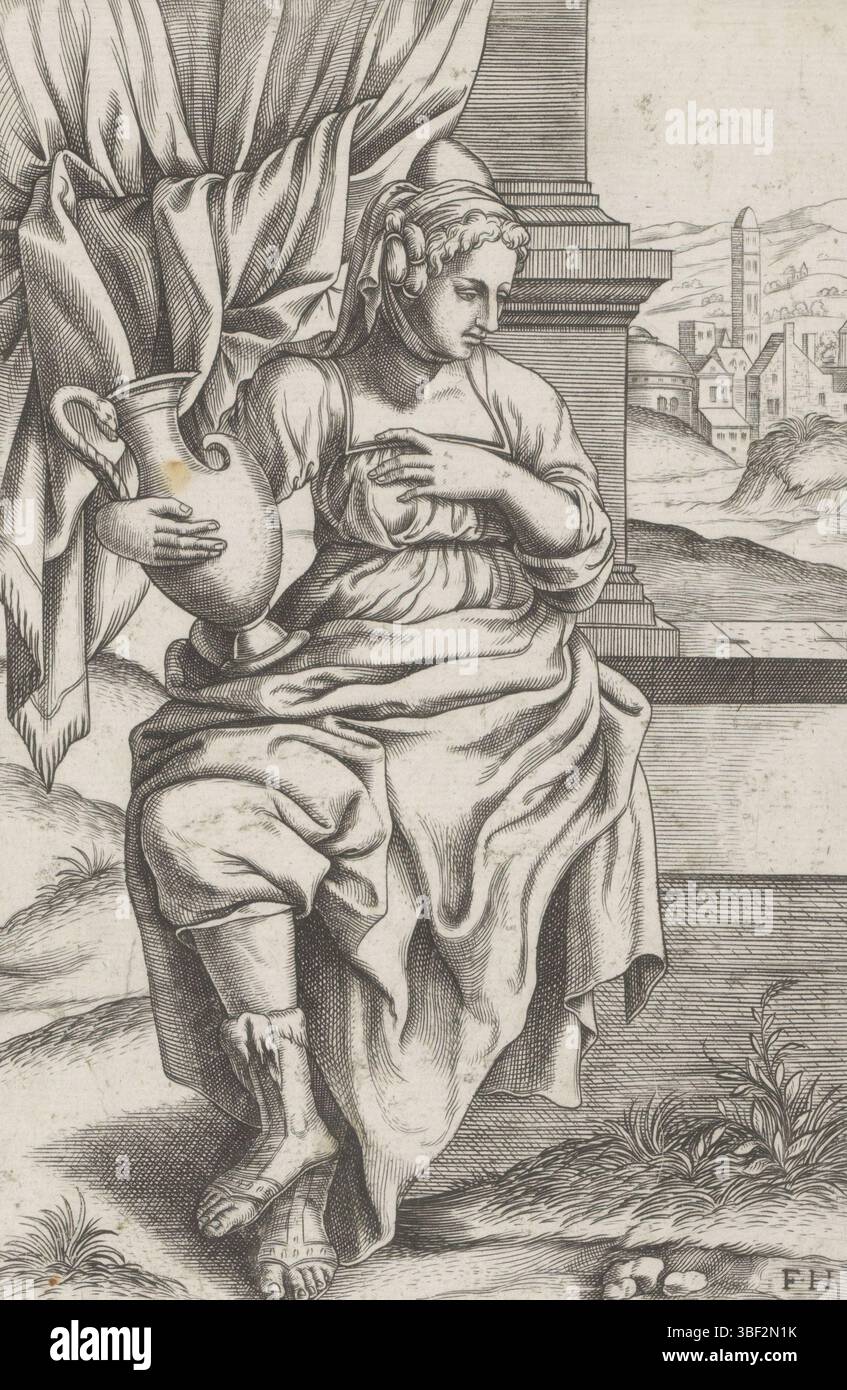 Antwerpen, Huys, Frans, Sibillen, Sibylla Delphica, Delfische Sibille, Antwerpen, de Delfische Sibille sitzt mit einem Krug im rechten Arm. Im Hintergrund ein Vorhang und Blick auf eine Stadt. Dieser Druck ist Teil eines Albums., Druck, Albumblatt, Ausdrucke, Höhe 197 mm, Breite 124 mm, 1522 - 1562, Printmaker, 1546 - 1562, Papier, Gravur, Gravur (Druckverfahren) Stockfoto
