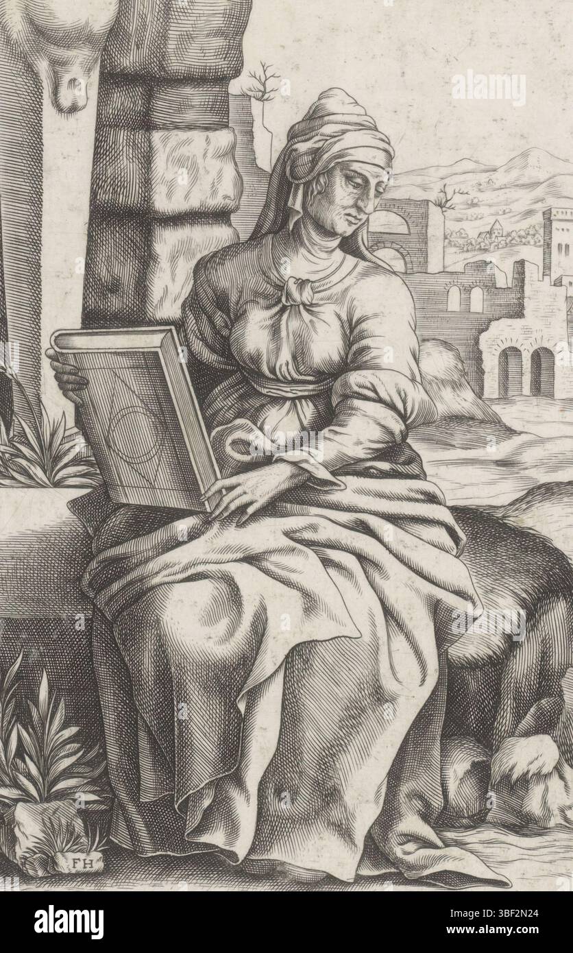 Antwerpen, Huys, Frans, Sibillen, Sibylla Hellespontia, Hellespontic Sibille, Antwerpen, die Hellespontic Sibille sitzt mit einem Buch in der Hand. Im Hintergrund die Ruinen rechts und dahinter eine Stadt in einer Landschaft. Dieser Ausdruck ist Teil eines Albums., Druck, Albumsheet, Ausdrucke, Höhe 199 mm, Breite 125 mm, 1522 - 1562, Printmaker, 1546 - 1562, Papier, Gravur, Gravur (Druckverfahren) Stockfoto
