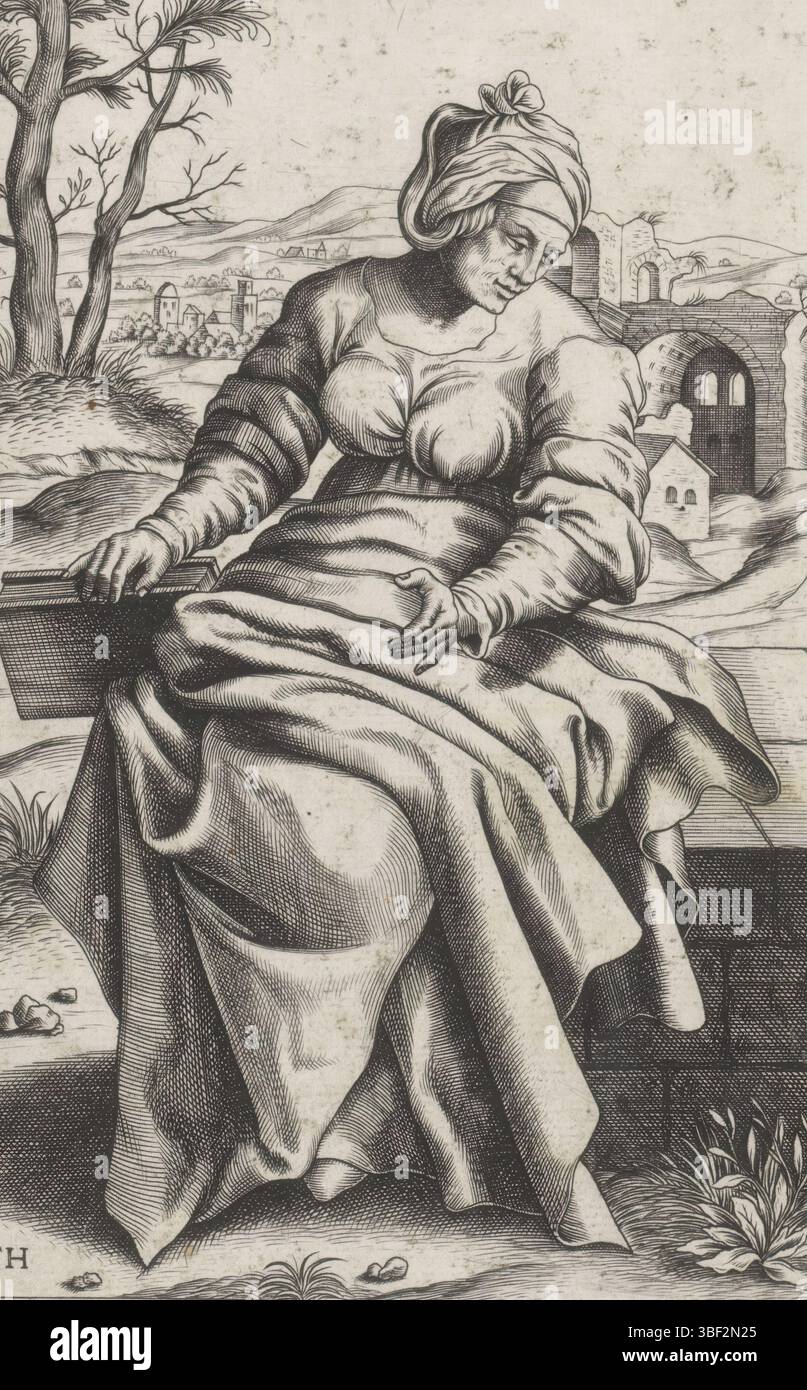Antwerpen, Huys, Frans, Sibillen, Sibylla Persica, persischer Sibille, Antwerpen, der persische Sibille sitzt mit einem Buch in der rechten Hand. Im Hintergrund eine Ruine und eine Stadt in einer Landschaft. Dieser Druck ist Teil eines Albums., Druck, Albumblatt, Ausdrucke, Höhe 195 mm, Breite 124 mm, 1522 - 1562, Printmaker, 1546 - 1562, Papier, Gravur, Gravur (Druckverfahren) Stockfoto
