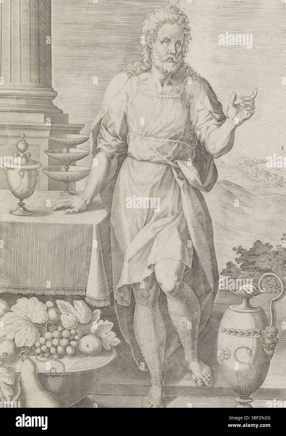 Antwerpen, Jode, Gerard de, Broeck, Crispijn van den, Antwerpen, Sadeler, Johann (I), Thesaurus sacrarum historiaru[m] veteris testame[n]ti, elega[n]tissimis imaginibus expressu[m] excelle[n]tissimoru[m] in hac arte viroru[m] Oper: nu[n]c primu[m] in luce[m] editus, die zwölf Gründungsväter Israels, Stamfathers Aser Aser, der Vater von Antwerpen, Jakob Aser Aser Aser, der Vater von Antwerpen. Auf dem Boden neben ihm eine Schüssel Obst und ein Glas. Naphali, der sechste Sohn Jakobs, des Vaters der Rechten. Ein Hirsch neben ihm. Unter den Aufführungen findet sich ein lateinischer Hinweis auf den Bibeltext. Dieser PR Stockfoto