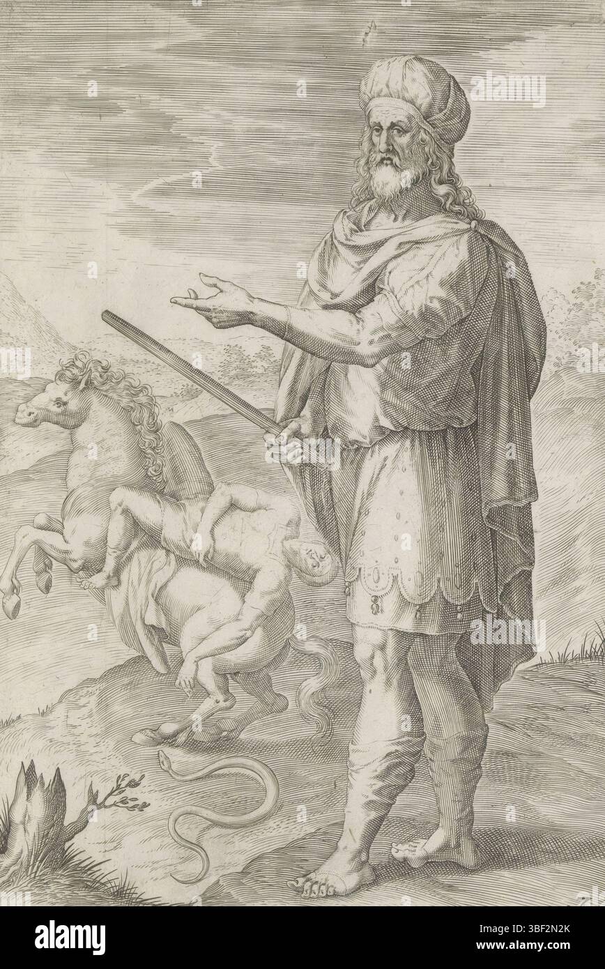 Antwerpen, Jode, Gerard de, Broeck, Crispijn van den, Antwerpen, Sadeler, Johann (I), Thesaurus sacrarum historiaru[m] veteris testame[n]ti, elega[n]tissimis imaginibus expressu[m] excelle[n]tissimoru[m] in hac arte viroru[m] Oper: nu[n]c primu[m] in luce[m] editus, die zwölf Gründungsväter Israels, Stamfathers, Dan, Gad, der fünfte Vater von Antwerpen, Dan, Antwerpen. Er hat den Stab der Richter in der Hand. Im Hintergrund ein Pferd, das von einer Schlange gebissen wird, bezieht sich auf Dan als Rechtsdurchsetzer und als „Schlange auf der Straße“. Vater der rechten Hand, Gad, der siebte Sohn Stockfoto