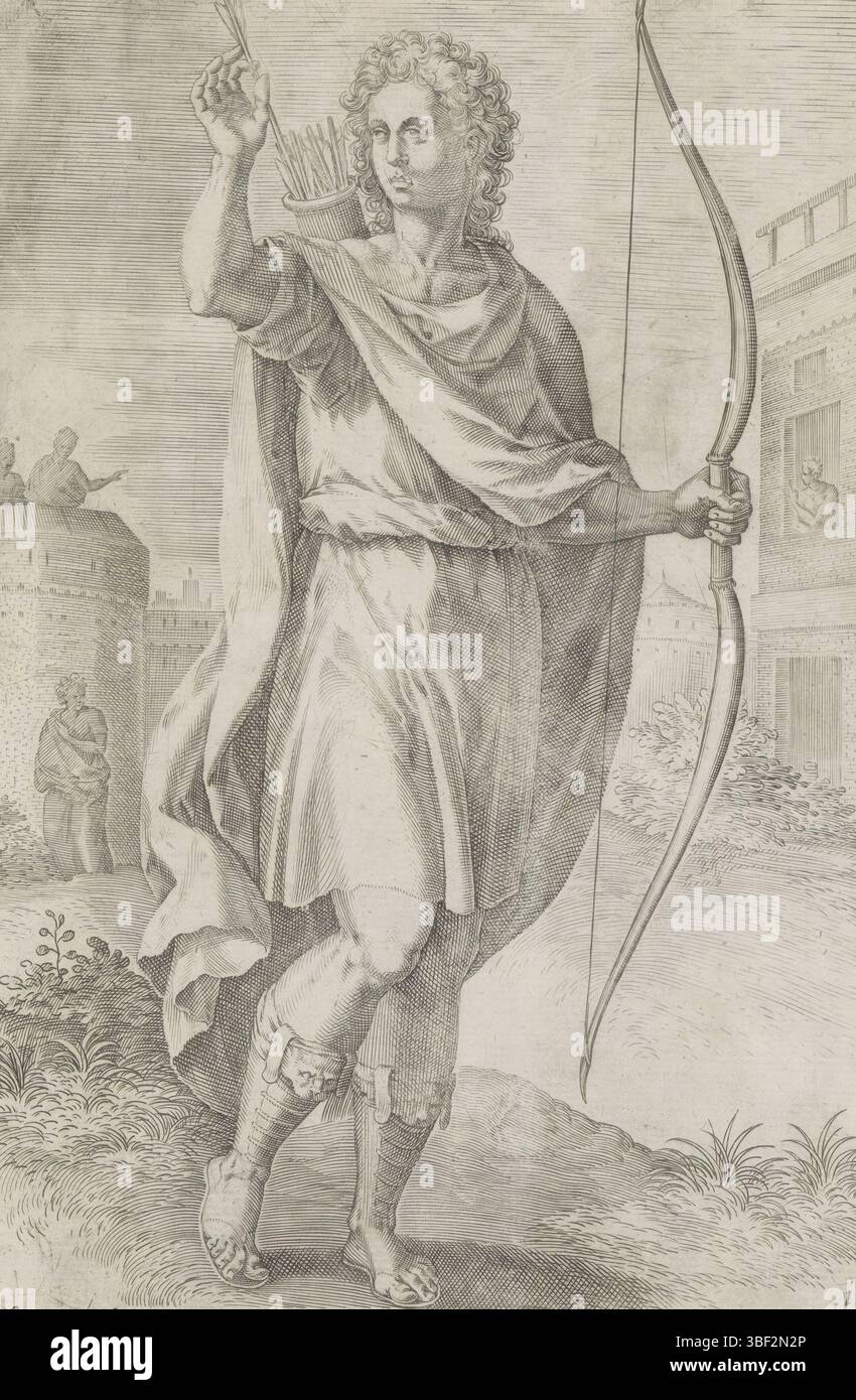 Antwerpen, Jode, Gerard de, Broeck, Crispijn van den, Antwerpen, Sadeler, Johann (I), Thesaurus sacrarum historiaru[m] veteris testame[n]ti, elega[n]tissimis imaginibus expressu[m] excelle[n]tissimoru[m] in hac arte viroru[m] Oper: nu[n]c primu[m] in luce[m] editus, die zwölf Gründungsväter Israels, Stamfathers Jozef, Sohn von Jozef. Joseph hält einen Bogen und zieht einen Pfeil aus einem Rohr auf seinem Rücken. Vater der rechten Hand, Benjamin, der zwölfte und letzte Sohn Jakobs. Neben Benjamin verschlingt ein Wolf ein Schaf, ein Hinweis auf Benjami Stockfoto