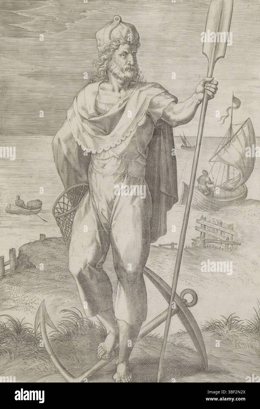 Antwerpen, Jode, Gerard de, Broeck, Crispijn van den, Antwerpen, Sadeler, Johann (I), Thesaurus sacrarum historiaru[m] veteris testame[n]ti, elega[n]tissimis imaginibus expressu[m] excelle[n]tissimoru[m] in hac arte viroru[m] Oper: nu[n]c primu[m] in luce[m] editus, die zwölf Gründungsväter Israels, Stamfathers Zebulp, der Stammeselson, der linke von Antwerpen, der Stamm. Er ist als Fischer gekleidet. Auf dem Boden neben ihm ein Anker. Im Hintergrund das Meer und ein Strand, ein Hinweis auf die Residenz von Zebulon. Issachar, der neunte Sohn von Jakob, dem Vater der Stockfoto
