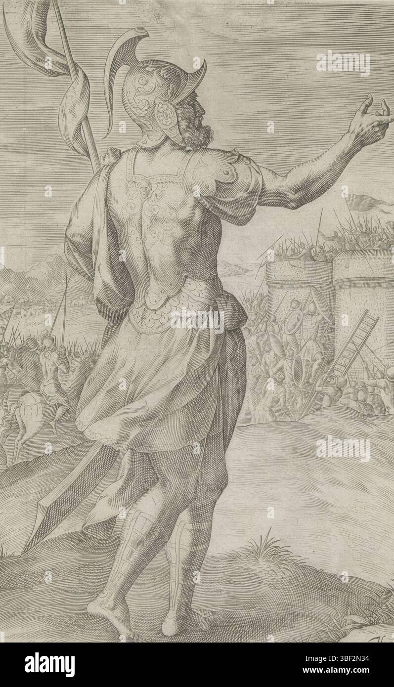 Antwerpen, Jode, Gerard de, Broeck, Crispijn van den, Antwerpen, Sadeler, Johann (I), Thesaurus sacrarum historiaru[m] veteris testame[n]ti, elega[n]tissimis imaginibus expressu[m] excelle[n]tissimoru[m] in hac arte viroru[m] Oper: nu[n]c primu[m] in luce[m] editus, die zwölf Gründungsväter Israels, Stamväter Levi, der dritte Vater von Antwerpener, Jodah. Im Hintergrund stand die Belagerung der Stadt Sichem, die Levi und Simeon als Rache für die Entehrung ihrer Schwester Dina zerstörten. Und Juda, der vierte Sohn Jakobs, der Vater des Vaters des Herrn Stockfoto