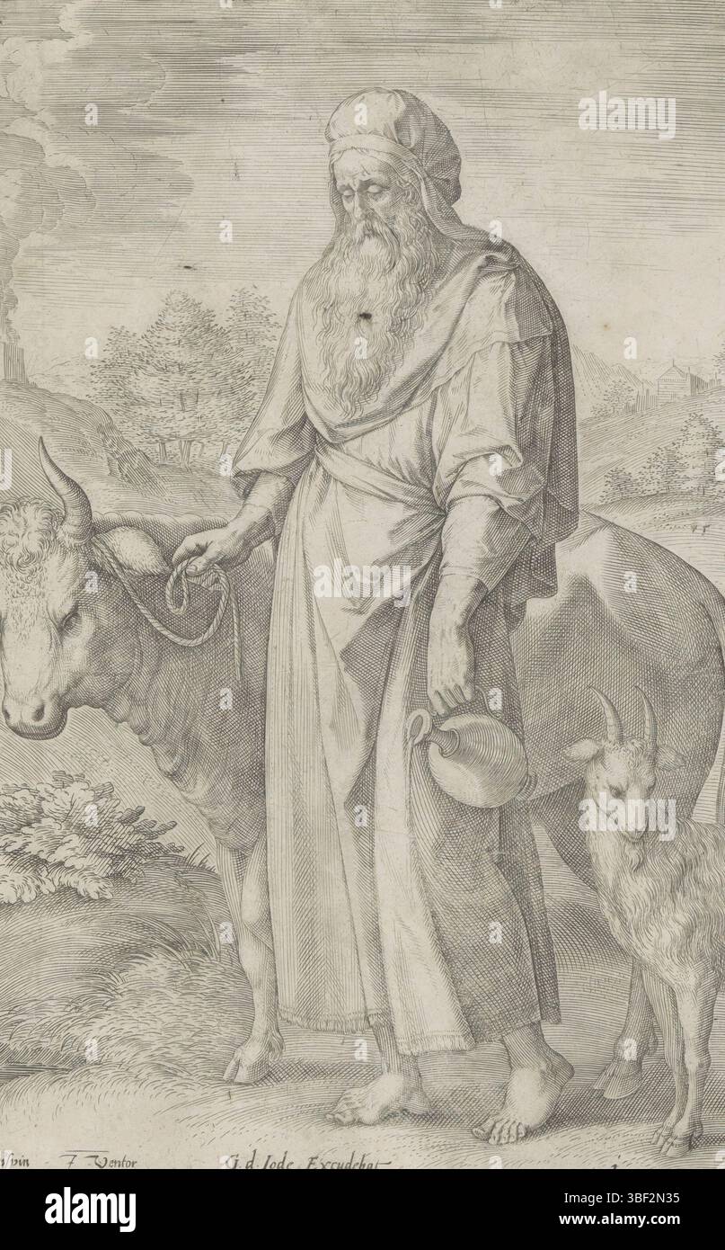 Antwerpen, Jode, Gerard de, Broeck, Crispijn van den, Antwerpen, Sadeler, Johann (I), Thesaurus sacrarum historiaru[m] veteris testame[n]ti, elega[n]tissimis imaginibus expressu[m] excelle[n]tissimoru[m] in hac arte viroru[m] Oper: nu[n]c primu[m] in luce[m] editus, die zwölf Gründungsväter Israels, Stamväter Ruben und der älteste Sohn von Antwerpen, Ruben in Antwerpen, Ruben. In seiner linken Hand ein Krug. Und Simeon, der zweite Sohn Jakobs, des Vaters der Rechten, in Rüstung in einer Landschaft. Hinter ihm liegen die Leichen von Sichem und Stockfoto