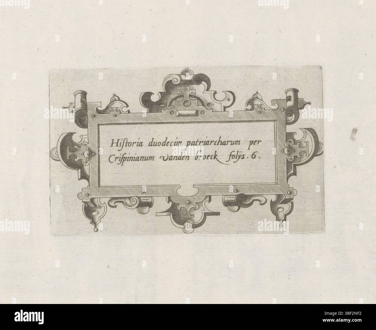 Antwerpen, Jode, Gerard de, Thesaurus sacrarum historiaru[m] veteris testame[n]ti, elega[n]tissimis imaginibus expressu[m] excelle[n]tissimoru[m] in hac arte viroru[m] Oper: nu[n]c primu[m] in luce[m] editus, Historia duodecim patriarcharum per Crispinianum vanden Broeck. 6 ., die zwölf Gründungsväter Israels, Cartouche mit Rollwerk, Antwerpen, Titel in Cartouch mit Rollwerk. Titelabdruck für eine Serie von Drucken, die die zwölf Gründungsväter Israels darstellen. Print ist Teil eines Albums., Print, Titeldruck, Albummagazin, Prints, Höhe 89 mm, Breite 145 mm, Drucker 1579 - 1579 Stockfoto