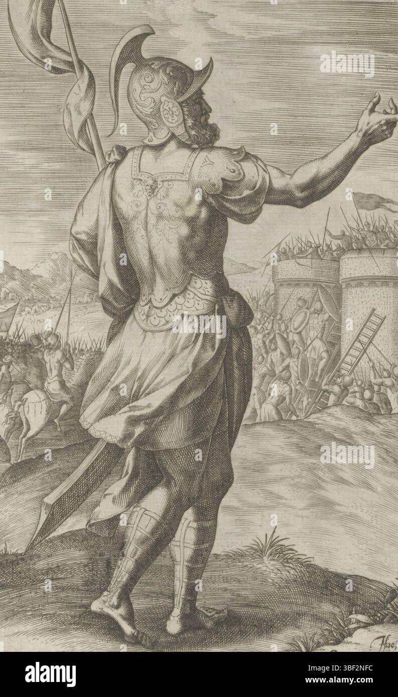 Antwerpen, Jode, Gerard de, Broeck, Crispijn van den, Antwerpen, Sadeler, Johann (I), Thesaurus sacrarum historiaru[m] veteris testame[n]ti, elega[n]tissimis imaginibus expressu[m] excelle[n]tissimoru[m] in hac arte viroru[m] Oper: nu[n]c primu[m] in luce[m] editus, Historia duodecim patriarcharum, die zwölf Gründerväter von Israel Levi, Sohn von Judap, Sohn von Levi. Im Hintergrund stand die Belagerung der Stadt Sichem, die Levi und Simeon als Rache für die Entehrung ihrer Schwester Dina zerstörten. Und Juda, der vierte Sohn Jas Stockfoto