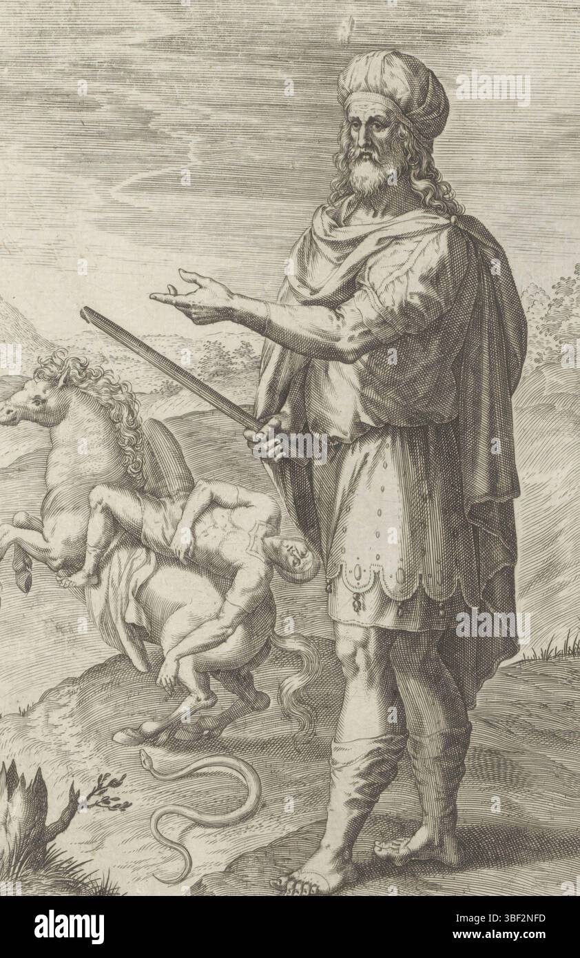 Antwerpen, Jode, Gerard de, Broeck, Crispijn van den, Antwerpen, Sadeler, Johann (I), Thesaurus sacrarum historiaru[m] veteris testame[n]ti, elega[n]tissimis imaginibus expressu[m] excelle[n]tissimoru[m] in hac arte viroru[m] Oper: nu[n]c primu[m] in luce[m] editus, Historia duodecim patriarcharum, die zwölf Gründungsväter von Israel, Dan Stamp, Sohn. Er hat den Stab der Richter in der Hand. Im Hintergrund ein Pferd, das von einer Schlange gebissen wird, bezieht sich auf Dan als Rechtsdurchsetzer und als „Schlange auf der Straße“. Vater der Rechten h Stockfoto