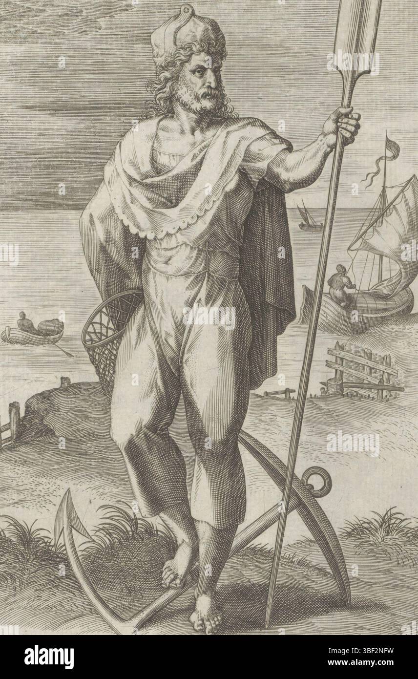Antwerpen, Jode, Gerard de, Broeck, Crispijn van den, Antwerpen, Sadeler, Johann (I), Thesaurus sacrarum historiaru[m] veteris testame[n]ti, elega[n]tissimis imaginibus expressu[m] excelle[n]tissimoru[m] in hac arte viroru[m] Oper: nu[n]c primu[m] in luce[m] editus, Historia duodecim patriarcharum, die zwölf Gründerväter von Antwerpen, der Stammesulp, der Vater von Israel. Er ist als Fischer gekleidet. Auf dem Boden neben ihm ein Anker. Im Hintergrund das Meer und ein Strand, ein Hinweis auf die Residenz von Zebulon. Issachar, der neunte Stockfoto