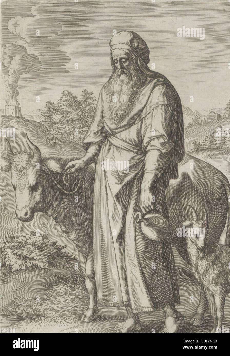 Antwerpen, Jode, Gerard de, Broeck, Crispijn van den, Antwerpen, Sadeler, Johann (I), Thesaurus sacrarum historiaru[m] veteris testame[n]ti, elega[n]tissimis imaginibus expressu[m] excelle[n]tissimoru[m] in hac arte viroru[m] Oper: nu[n]c primu[m] in luce[m] editus, Historia duodecim dest patriarcharum, die zwölf Gründungsväter von Ruben, Ruben, Ruben, Ruben, Rubas Sohn. In seiner linken Hand ein Krug. Und Simeon, der zweite Sohn Jakobs, des Vaters der Rechten, in Rüstung in einer Landschaft. Hinter ihm liegt das Dekor Stockfoto