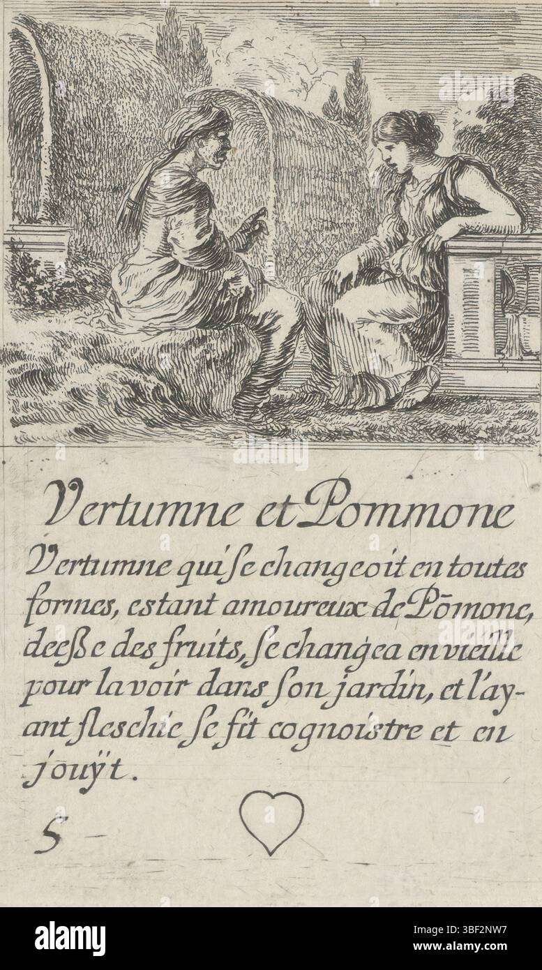 Frankreich, französische Krone, Paris, Grass, Henry le, Frankreich, Bella, Stefano della, Jeu des Fables, Kartenspiel mit mythologischen Darbietungen, Vertumne et Pommone, Hearts Five, Vertumnus und Pomona, Spielkarte mit einer Darbietung von Pomona und Vertumnus in Form einer alten Frau in einem Garten. Text und Herz im unteren Rand., Druck, Spielkarte, Ausdrucke, hoch 88 mm, Breite 55 mm, Italienisch, 1610-05-18-1664-07-27, Printmaker, 1620-1664, Papier, Ätzen, Publikation (Veranstaltung), Publikation, Französisch, Herausgeber, Lieferant der Berechtigung Stockfoto