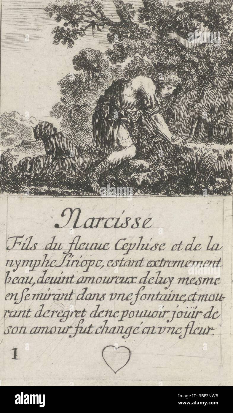 Frankreich, französische Krone, Paris, Grass, Henry le, Frankreich, Bella, Stefano della, Jeu des Fables, Kartenspiel mit mythologischen Darbietungen, Narcisse, Hearts One, Narcissus, Playcard mit einer Darbietung von Narcissus im Frühling. Text und Herz im unteren Rand., Druck, Spielkarte, Ausdrucke, hoch 88 mm, Breite 55 mm, Italienisch, 1610-05-18-1664-07-27, Printmaker, 1620-1664, Papier, Ätzen, Publikation (Veranstaltung), Publikation, Französisch, Herausgeber, Lieferant der Berechtigung Stockfoto