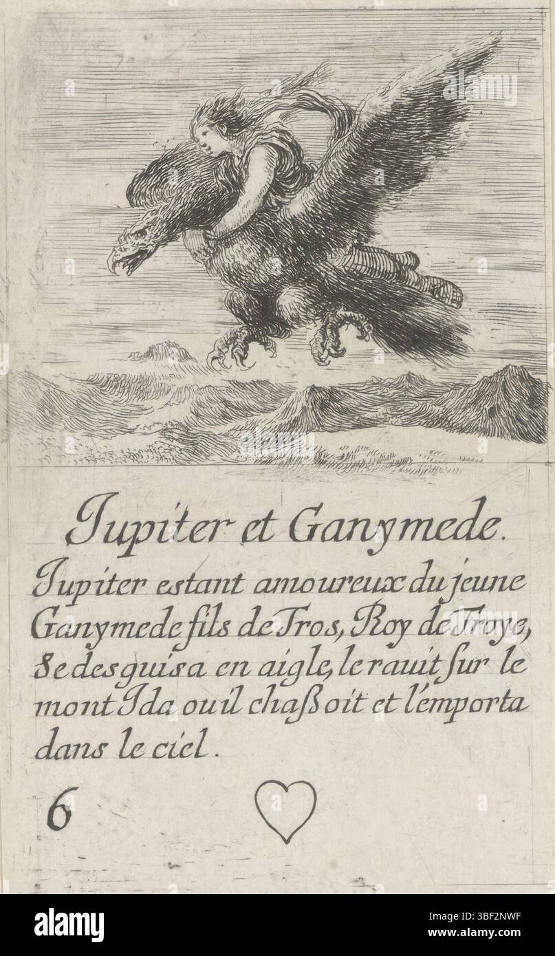 Frankreich, französische Krone, Paris, Grass, Henry le, Frankreich, Bella, Stefano della, Jeu des Fables, Kartenspiel mit mythologischen Darbietungen, Jupiter et Ganymede, Hearts Six, Jupiter en Ganymede, Playcard mit einer Darbietung von Ganymede in Form eines Adlers. Text und Herz im unteren Rand., Druck, Spielkarte, Ausdrucke, hoch 88 mm, Breite 55 mm, Italienisch, 1610-05-18-1664-07-27, Printmaker, 1620-1664, Papier, Ätzen, Publikation (Veranstaltung), Publikation, Französisch, Herausgeber, Lieferant der Berechtigung Stockfoto