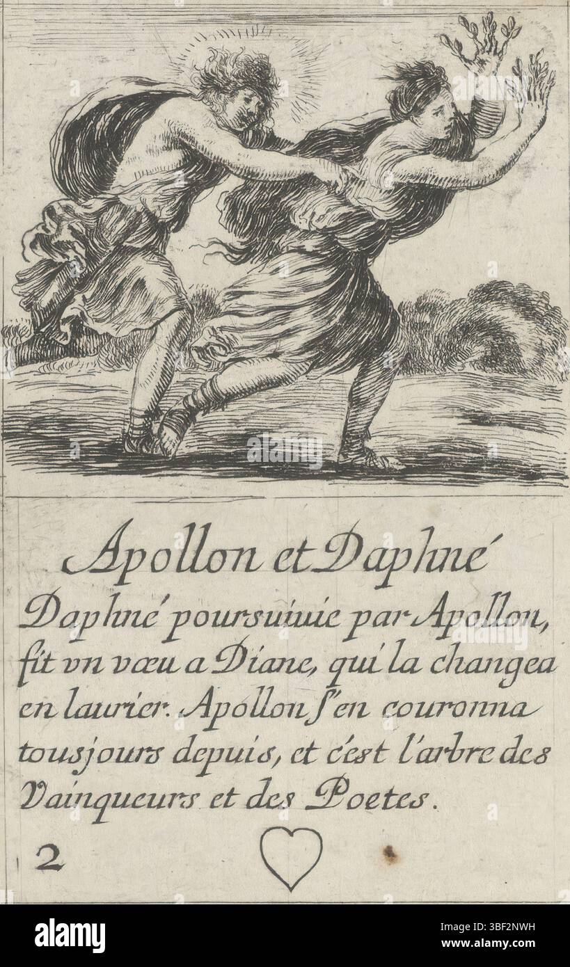 Frankreich, französische Krone, Paris, Gras, Henry le, Frankreich, Bella, Stefano della, Jeu des Fables, Kartenspiel mit mythologischen Darbietungen, Apollon et Daphné, Hearts Two, Apollo und Daphne, Playcard mit einer Aufführung von Apollo Chasing the Flueing Daphne. Ihre erhobenen Arme verwandeln sich in Äste mit Blättern. Text und Herz im unteren Rand., Druck, Spielkarte, Ausdrucke, hoch 88 mm, Breite 55 mm, Italienisch, 1610-05-18-1664-07-27, Printmaker, 1620-1664, Papier, Ätzen, Publikation (Veranstaltung), Publikation, Französisch, Herausgeber, Lieferant der Berechtigung Stockfoto