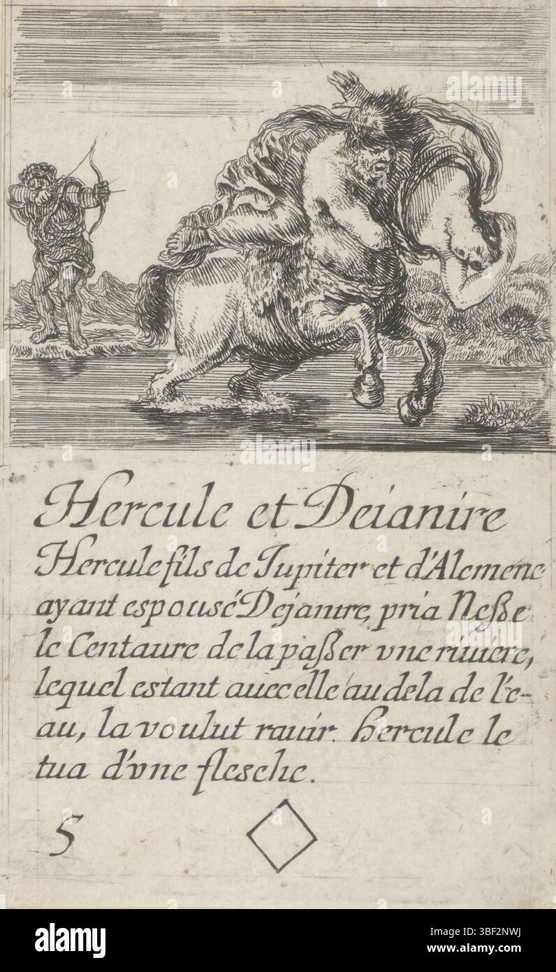 Frankreich, französische Krone, Paris, Grass, Henry le, Frankreich, Bella, Stefano della, Jeu des Fables, Kartenspiel mit mythologischen Darbietungen, Hercule et Deianire, Ruiten Five, Herkules und Deianira, Playcard mit einer Darbietung von Deianira von Nessus. Herkules steht im Hintergrund und zeigt mit Pfeil und Bogen auf den Zentauren. Text und Fensterbereich im unteren Rand., drucken, Spielkarte, Ausdrucke, Höhe 88 mm, Breite 55 mm, Italienisch, 1610-05-18-1664-07-27, Printmaker, 1620-1664, Papier, Ätzen, Publikation (Veranstaltung), Publikation, Französisch, Herausgeber, Lieferant der Berechtigung Stockfoto