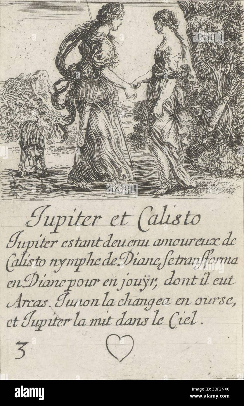 Frankreich, französische Krone, Paris, Grass, Henry le, Frankreich, Bella, Stefano della, Jeu des Fables, Kartenspiel mit mythologischen Darbietungen, Jupiter et Calisto, Hearts Three, Jupiter und Callisto, Playcard mit einer Darbietung von Jupiter in Form von Diana und Callisto in einer Landschaft. Text und Herz im unteren Rand., Druck, Spielkarte, Ausdrucke, hoch 88 mm, Breite 55 mm, Italienisch, 1610-05-18-1664-07-27, Printmaker, 1620-1664, Papier, Ätzen, Publikation (Veranstaltung), Publikation, Französisch, Herausgeber, Lieferant der Berechtigung Stockfoto