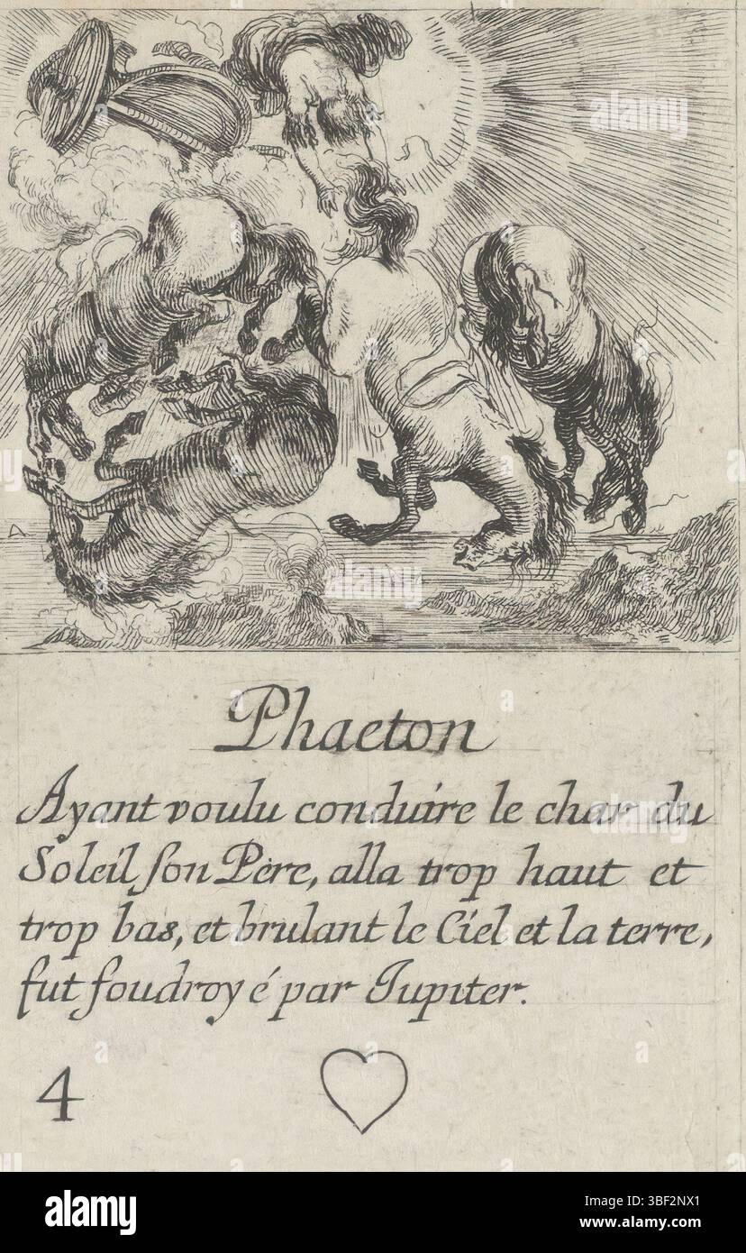 Frankreich, französische Krone, Paris, Grass, Henry le, Frankreich, Bella, Stefano della, Jeu des Fables, Kartenspiel mit mythologischen Darbietungen, Phaeton, Hearts Four, Phaethon, Playcard mit einer Darbietung von Phaethon, der mit seinen vier Pferden aus dem Himmel fällt. Text und Herz im unteren Rand., Druck, Spielkarte, Ausdrucke, hoch 88 mm, Breite 55 mm, Italienisch, 1610-05-18-1664-07-27, Printmaker, 1620-1664, Papier, Ätzen, Publikation (Veranstaltung), Publikation, Französisch, Herausgeber, Lieferant der Berechtigung Stockfoto