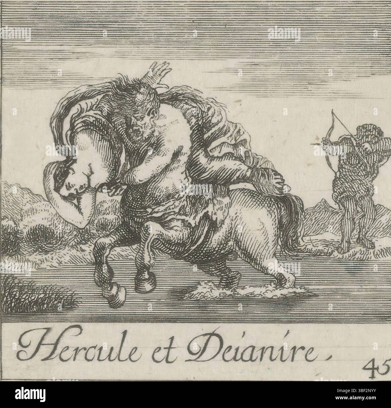 Bella, Stefano della, Jeu des Fables (Kopie), Kartenspiel mit mythologischen Darbietungen, Hercule et Deianire, Hercules und Deianira, verso - gestempelt, Playcard mit einer Darbietung von Deianira von Nessus. Hercules steht im Hintergrund und zeigt Pfeil und Bogen auf den Zentauren, Druck, Spielkarte, Drucke, Höhe 55 mm, Breite 57 mm, Arbeitskonzept, Italienisch, 18.05.1610 - 27.07.1664, zu drucken, 1620 - 1664, Papier, Ätzen, Drucker, Drucker Stockfoto