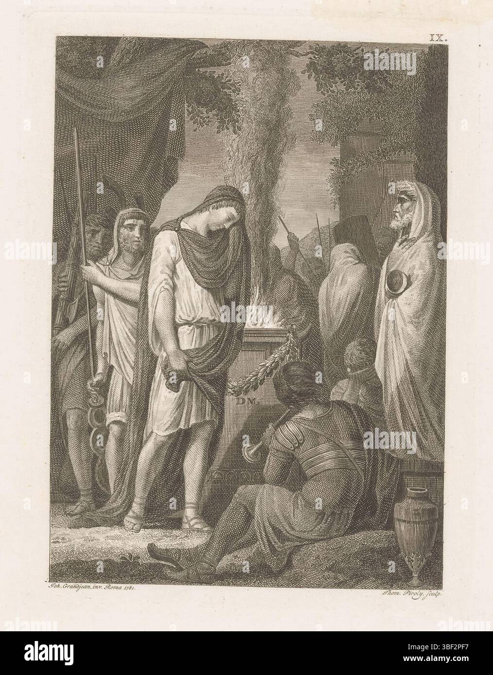 Amsterdam, Meyer, Pieter, Rom, Grandjean, Jean, Italien, Piroli, Tommaso, Germanicus bei einem brennenden Opfer auf einem Altar, Amsterdam, verso - gestempelt, oben rechts nummeriert: IX., Druck, Buchabbildung, Drucke, Frederik Müller Geschichtsplatten, Höhe 185 mm, Breite 139 mm, Italienisch, 1752 - 1824, Druckerei, 1781 - 1781, viertes Viertel 18. Jahrhundert, Papier, Gravur, Druckverfahren, Ätzen, Work Concept, Niederländisch, Französisch, 1752 - 1781, After Design, Publikation (Event), Publikation, 1718 - 1781, Verlag Stockfoto