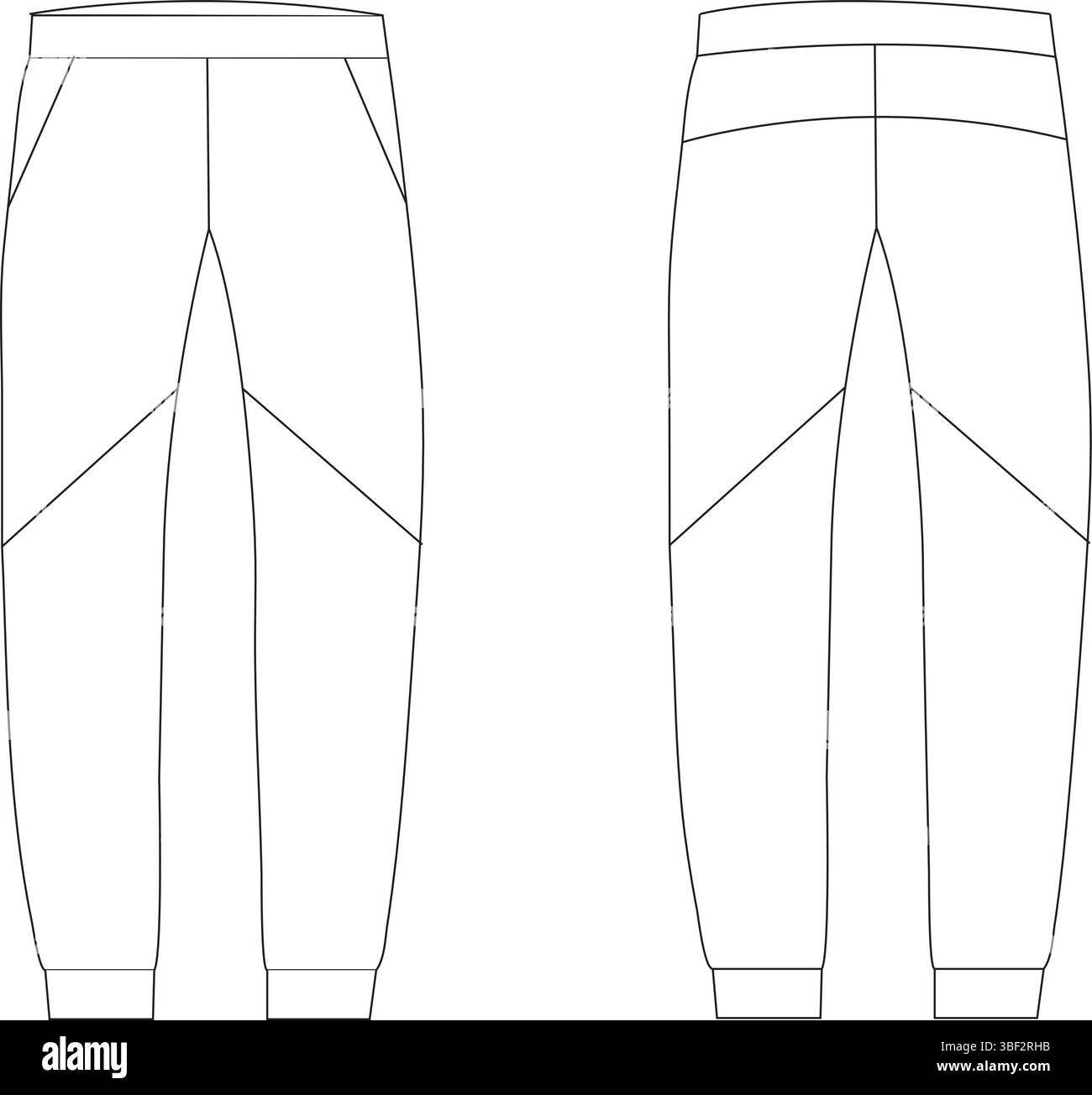 Jogger-Jogginghose mit Panel – Technische flache Skizze mit Taschen- und Plattendetails | Vorder- und Rückansicht Stock Vektor