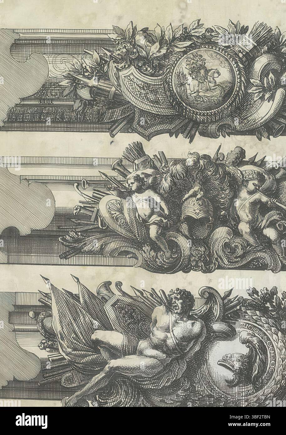 Louis XIV (König von Frankreich), Paris, Mariette, Pierre (II), Lepautre, Jean, Bordures de Tableau a la Romaine, drei Fragmente von Profillisten, drei Fragmente von Profillisten. Auf der mittleren Liste steht ein Helm, flankiert von Putten. Prent ist Teil eines Albums., Print, Ornamentprent, Albumsheet, Prints, Höhe 212 mm, Breite 147 mm, Französisch, 1618-06-28-1682-02-02, Druckmaschine, 1655 - 1657, Papier, Ätzen, Werkkonzeption, nach eigenem Entwurf, Publikation (Event), Publikation, 1634 - 1716, Verlag, 05.09.1638, 01.09.1715, Berechtigungsgeber Stockfoto