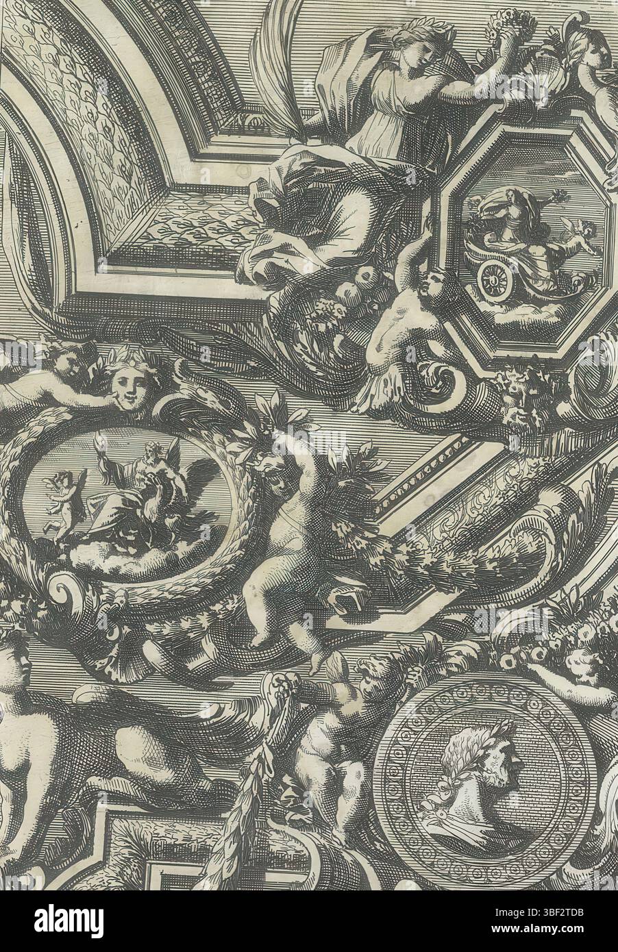 Louis XIV (König von Frankreich), Paris, Mariette, Pierre (II), Lepautre, Jean, Bordures de Tableau a la Romaine, drei Fragmente von Listen, die oberste Liste ist mit einem achteckigen Medaillon mit Venus in ihrem Wagen verziert. Print ist Teil eines Albums., Print, Ornament Print, Album Sheet, Prints, Höhe 206 mm, Breite 143 mm, Französisch, 1618-06-28-1682-02-02, Druckmaschine, 1655 - 1657, Papier, Ätzen, Werkkonzeption, nach eigenem Entwurf, Publikation (Event), Publikation, 1634 - 1716, Verlag, 05.09.1638, 01.09.1715, Berechtigungsgeber Stockfoto