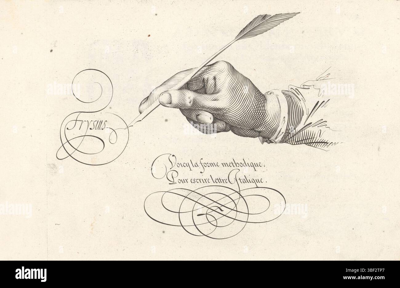 Rotterdam, Velde, Jan van de (I), Haarlem, Frisius, Simon, Spieghel der schrijfkonste, Thrésor litéraire, rechte Hand mit Gänsestift, Rotterdam, Frysius-Schrift. Mit zweizeiliger Unterschrift auf Französisch: Voicy la Form methodique ... der Druck ist Teil eines Albums., Druck, Ornamentdruck, Albumsheet, Prints, Prints, Höhe 171 mm, Breite 231 mm, Höhe 210 mm, Breite 320 mm, 1575 - 1628, Druckerei, 1605 - 1605, Papier, Gravur, Gravur (Druckverfahren), Work Conception, Nordholländisch, 1568 - 1623-09-10, After Design, Publikation (Veranstaltung), Publikation, Nord-Niederlande, Verlag Stockfoto