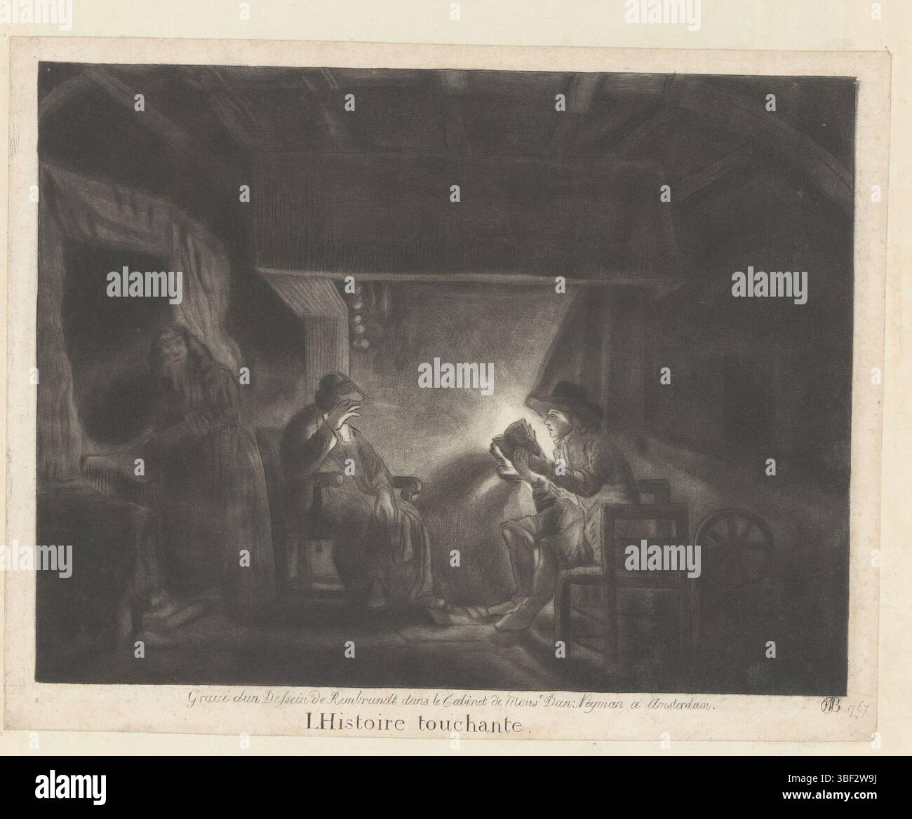 Rhein, Rembrandt van, Baillie, William, L'Histoire touchante, Innenraum mit lesendem Mann, Ein einfacher Innenraum mit einem jungen Mann, der einer Person im Licht einer Lampe vorliest. Der Ausdruck ist Teil eines Albums., drucken, Albumsheet, Ausdrucke, Höhe 215 mm, Breite 270 mm, irisch, 1723-06-5-1810-12-22, Druckmaschine, 1767-1767, Papier, Paste, Mezzotint, Ätzen, Noord-Nederlands, 15. 07. 1606 - 08. 10. 1669 Stockfoto