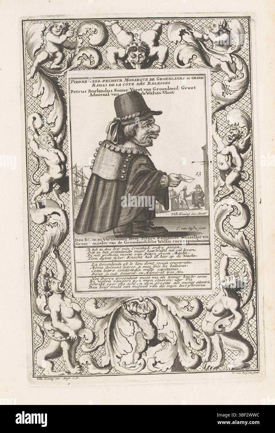 Unbekannt, Amsterdam, Koning, Wilhelmus, Engelbrecht, Martin, Noordelijke Nederlanden, Buysen jr., Pieter van, Sassen, Joost van, Bombario Actionist en de Geest van Esopus, Pierre Gros-Pecheur Monarque de Groenne et Grand Bailli de la Côte des Baleines, Petrus Dorlandus Somer-Vorst van groen groot Admiral van de Walvis-Vloot, den Edlen en Vornaemen Heer Piters Kahlmuss Switch und Great Canzeler van 1720 de groenische Walfis Walfacher in Grönland. Im Titel V Stockfoto