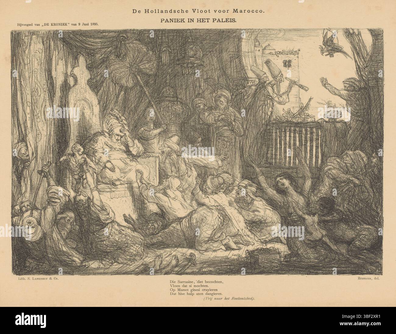 Amsterdam, Gogh, Cornelis Marinus van, den Haag, Lankhout & Co, Samuel, Nederland, Bauer, Marius, de Hollandsche Vloot voor Marcoco. Panik im Palast, Amsterdam, den Haag, Niederlande, Spotprent über die Entsendung der niederländischen Flotte nach Marokko im Jahr 1895. Als Vergeltungsmaßnahme für den Angriff marokkanischer Piraten auf das niederländische Schiff Anna im April 1895 schickte die Regierung eine Staffel von Kriegsschiffen, die vor der Küste Tangers verblieben. Der Palast des Sultans ist voller Panik und Verzweiflung. Am Ende einer vierzeiligen Strophe. Veröffentlicht im Anhang von „de Kroniek“ vom 9. Juni 1895, Druck, Höhe 300 mm, Breite 410 mm, Dutc Stockfoto