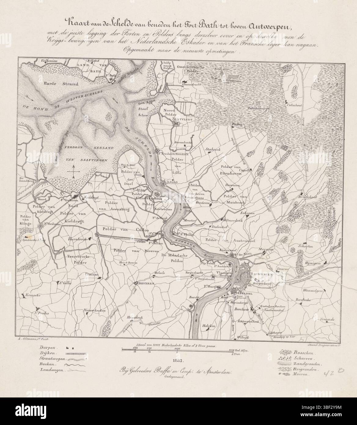 Amsterdam, Buffa en Sonen, Frans, Nederland, Desguerrois & Co., Oltmans jr., Alexander, Karte der Schelde von unterhalb des Fort Bath bis oberhalb Antwerpen, Karte von Antwerpen und der Zitadelle, 1832, Amsterdam, Niederlande, Midonder - gedruckt, Karte der Schelde zwischen Antwerpen und Fort Bath. Oben: Titel und Beschreibung. Unten: Legende und Maßstab. Karte von Antwerpen und die Zitadelle, zur Zeit der Belagerung Antwerpens im Dezember 1832., Druck, A. Oltmans Jr. Fec, unten links, '(...) mit der richtigen Lage der Forts und Polder entlang des Ufers und auf dem man die Kampfbewegungen der Holländer überprüfen kann Stockfoto