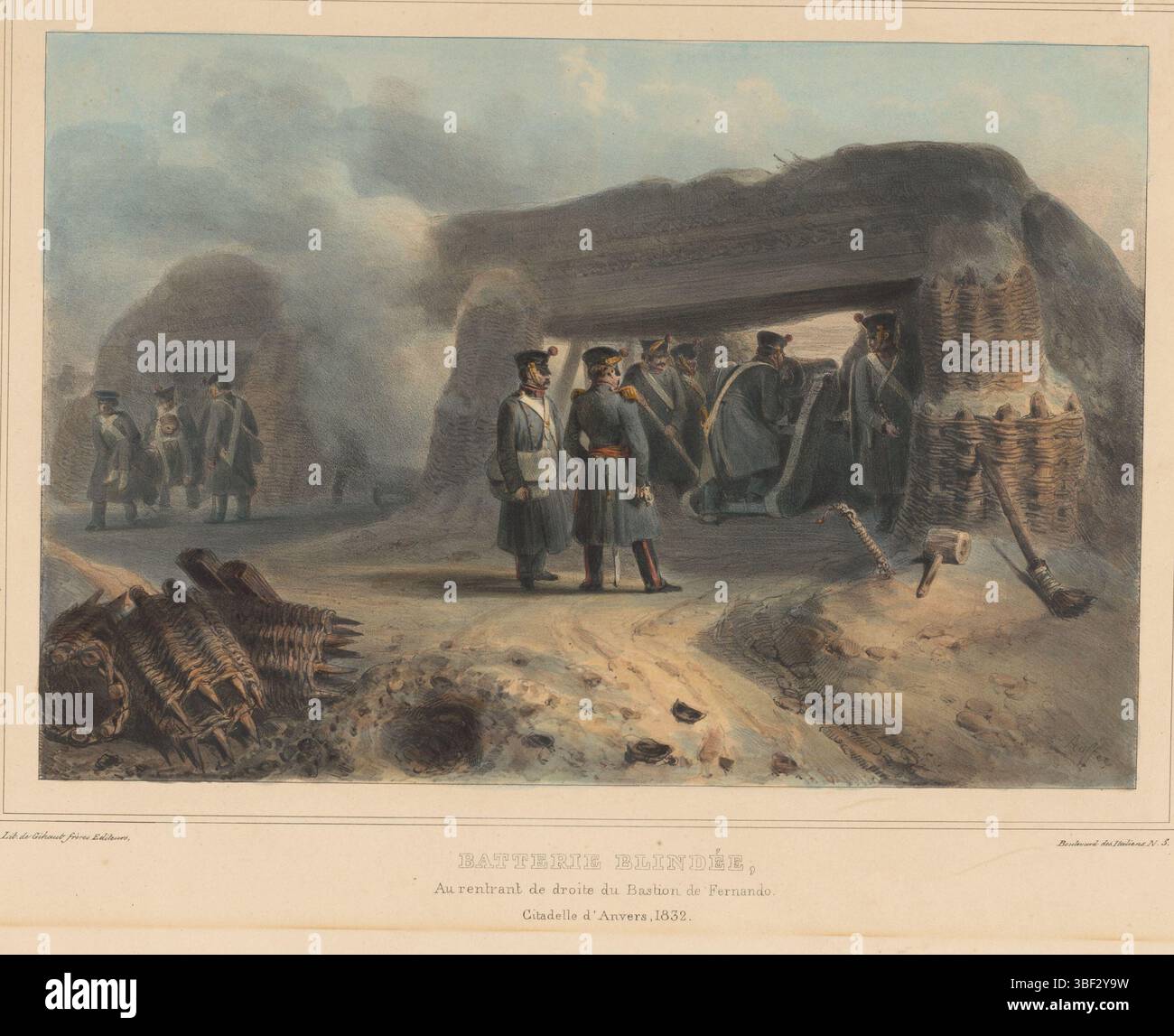 Paris, Gilhaut Frères, Paris, Frankreich, Raffet, Denis Auguste Marie, Dessins Faces d'après Nature au siège de la Citadelle d'Anvers par Raffet, Batterie blindé, au rentrant de droite du Bastion de Fernando, Ingegraven kanon, 1832, Mitte unten, Militaires an einer eingegrabenen Kanone; links einige Körbe. Ein Verwundeter wird links weggetragen. Teil der Serie von 24 Drucken über die Belagerung der Zitadelle von Antwerpen, 30. November bis 23. Dezember 1832., Druck, Roosdorp, Drucke, unten rechts in der Platte, BATTERIE BLINDEE, Au rentrant de droite du Bastion de Fernando., Citadelle d'Anvers, 1832., heig Stockfoto