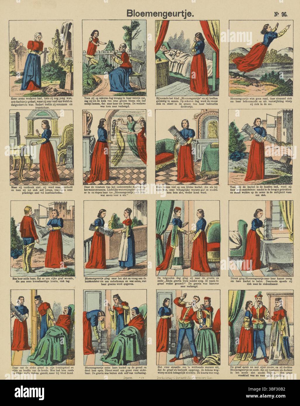 Wissembourg, Burckhardt, Nachfolger Charles, Blumenduft, bedruckt, Blatt mit 16 Darbietungen aus dem Märchen des Blumenduftes. Unter jedem Bild eine Beschriftung. Nummeriert oben rechts: Nr. 96., Druck, Folk Print, Prints, Folk Prints, Folk Prints, rückseitig - gestempelt, Höhe 427 mm, Breite 344 mm, Publikation (Ereignis), Publikation, Deutsch, Verlag, 1889 - 1906, Papier, Lithographie (Technik), Handfarben, Buchdruck, Buchdruck, Druckmaschine, Druckmaschine Stockfoto