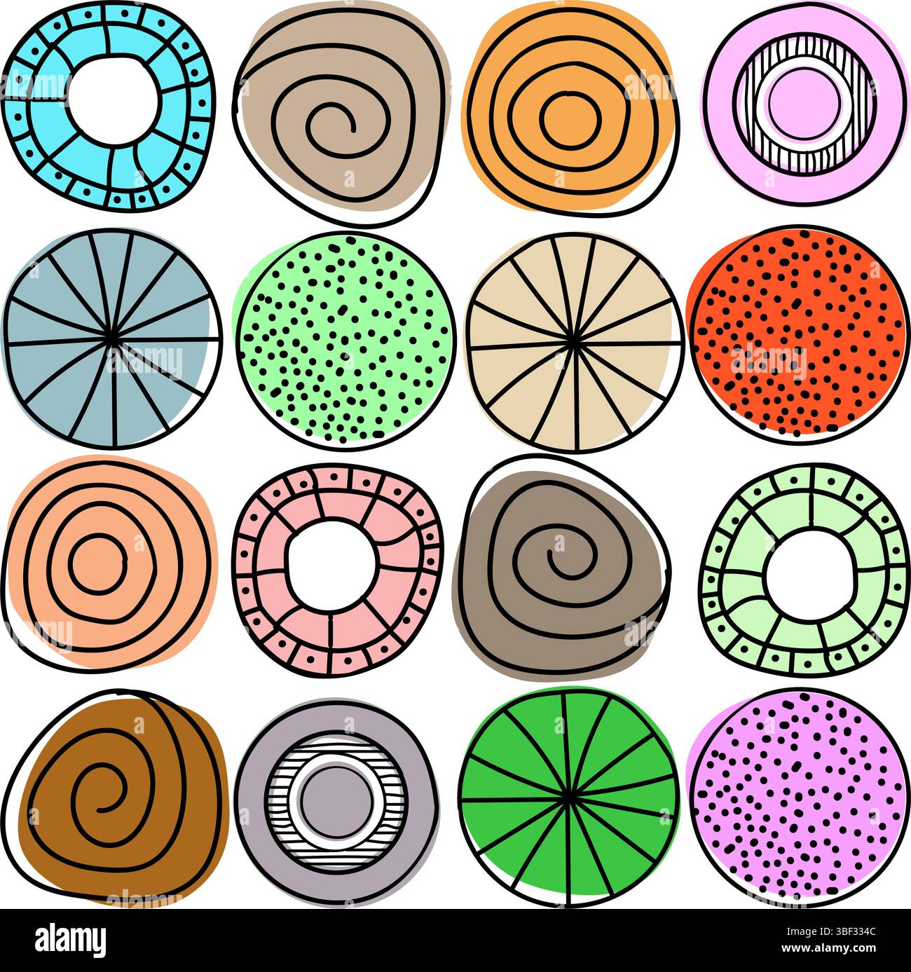Eine lebendige Kollektion von 16 einzigartigen handgezeichneten kreisförmigen Designs mit verschiedenen Mustern und Texturen in einer fröhlichen Farbpalette. Dieses verspielte Set Stock Vektor