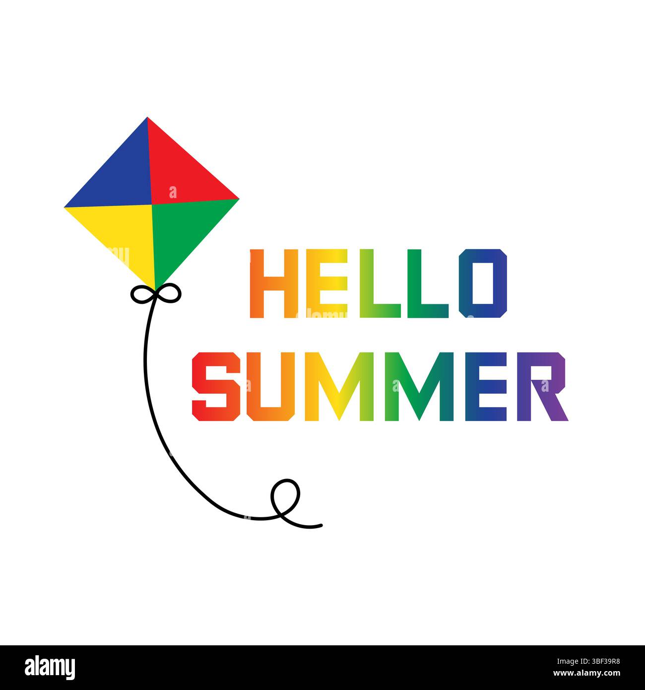 Hallo Sommer-Poster mit Drachen. Retro-Sommerdrachen. Rainbow Text Hallo Sommer. Stock Vektor