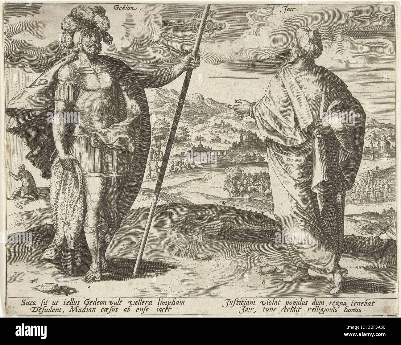 Antwerpen, Jode, Gerard de, Antwerpen, Snellinck, Jan (I), Collaert, Hans (I), die zwölf Richter Israels, Gideon und Jair, Antwerpen, rückseitig unten - gestempelt, im Vordergrund der fünfte und sechste Richter Israels: Gideon und Jair. Im Hintergrund zwei Geschichten aus ihrer Zeit. Links im Hintergrund betet Gideon auf der Haut eines Widders Gott für ein Zeichen. Rechts die dreißig Söhne von Jair, die auf Eseln reiten. Der Druck hat eine lateinische Unterschrift., Druck, Höhe 209 mm, Breite 260 mm, Südholländisch (vor 1775), 1540 - 1581, Druckerei, 1585 - 1585, Papier, Gravur, Gravur (Druckprozess), Werk c Stockfoto