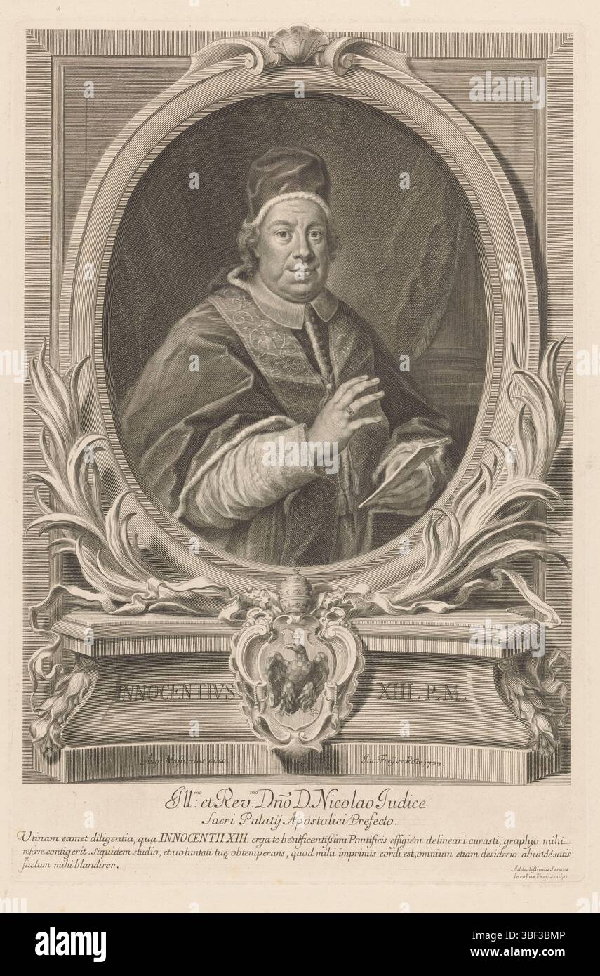 Masucci, Agostino, Rom, Frey, Jacob (der Ältere), Porträt von Innozenz XIII, rückseitig - gestempelt, mit Unterschrift in lateinischer Sprache., Druck, Höhe 427 mm, Breite 485 mm, 1681 - 1752-01-11, Druckerei, 1722 - 1722, Papier, Gravur, Gravur (Druckverfahren), Italienisch, 19. 10. 1691. 1758 Stockfoto