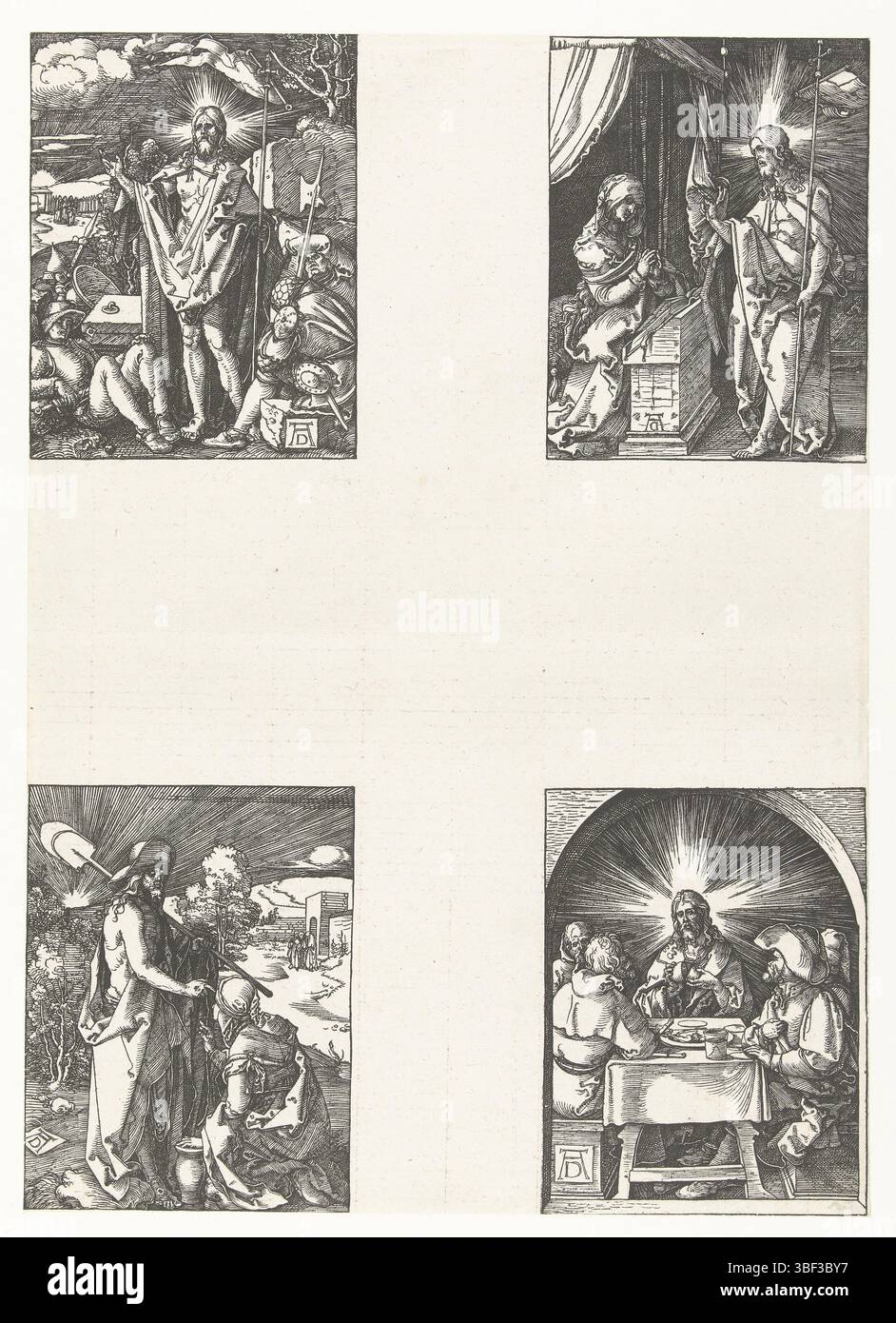 Nürnberg, Dürer, Albrecht, Die Kleine Passion, Auferstehung, Christus erscheint seiner Mutter, Christus erscheint Maria Magdalena, Christus in Emmaus, die achte Serie von vier Szenen aus der Serie „de kleine Passie“, hier ungeschnitten mit 4 Bildern auf einem Blatt. Oben links: Christus steht neben seinem Grab, umgeben von schlafenden Soldaten. Oben rechts: Christus grüßt seine Mutter Maria, die vor einem Leser kniet. Unten links: Christus, gekleidet als Gärtner, grüßt Maria Magdalena. Unten rechts: Christus bricht das Brot am Tisch mit vier Herren in Emmaus., Druck, Höhe 127 mm, Breite 97 mm, Höhe 35 mm Stockfoto