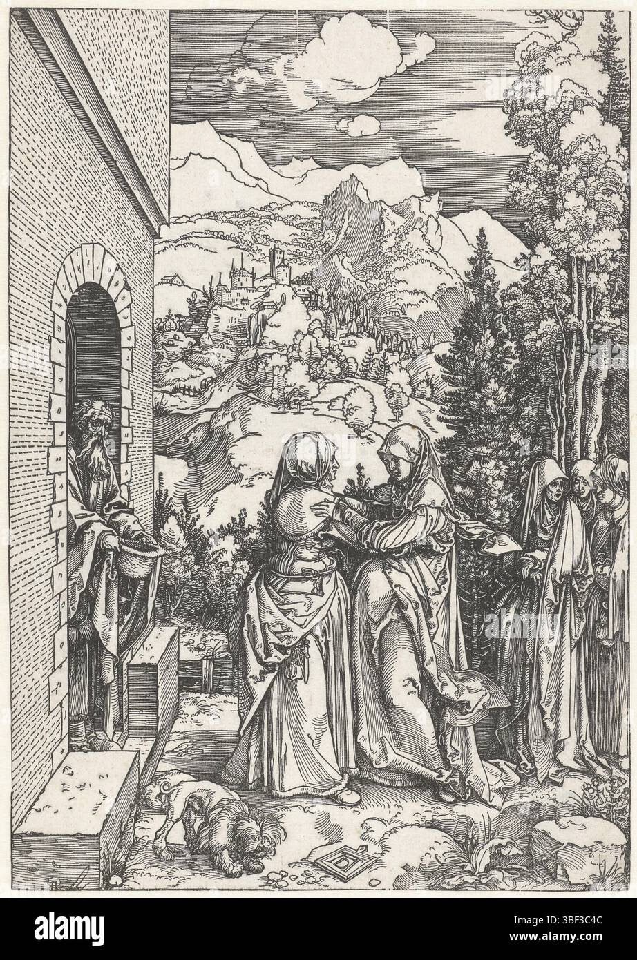 Nürnberg, Dürer, Albrecht, Marienleben, Besuch, Mary und Elizabeth, beide gerade schwanger, treffen sich in einem Haus. Ein Mann steht in der Tür, einige Frauen stehen hinter Maria und Elizabeth. Im Hintergrund eine Berglandschaft. Dieser Druck ist Teil einer Serie von 20 Drucken, bestehend aus einem Titeldruck und 19 Drucken mit Szenen aus dem Leben Marias., Druck, Höhe 299 mm, Breite 210 mm, Deutsch, 24. Mai 1471 - 05. 04. 1528, Druckerei, 1503 - 1504, 1. Quartal 16. Jahrhundert, Papier, Holzschnitt Stockfoto