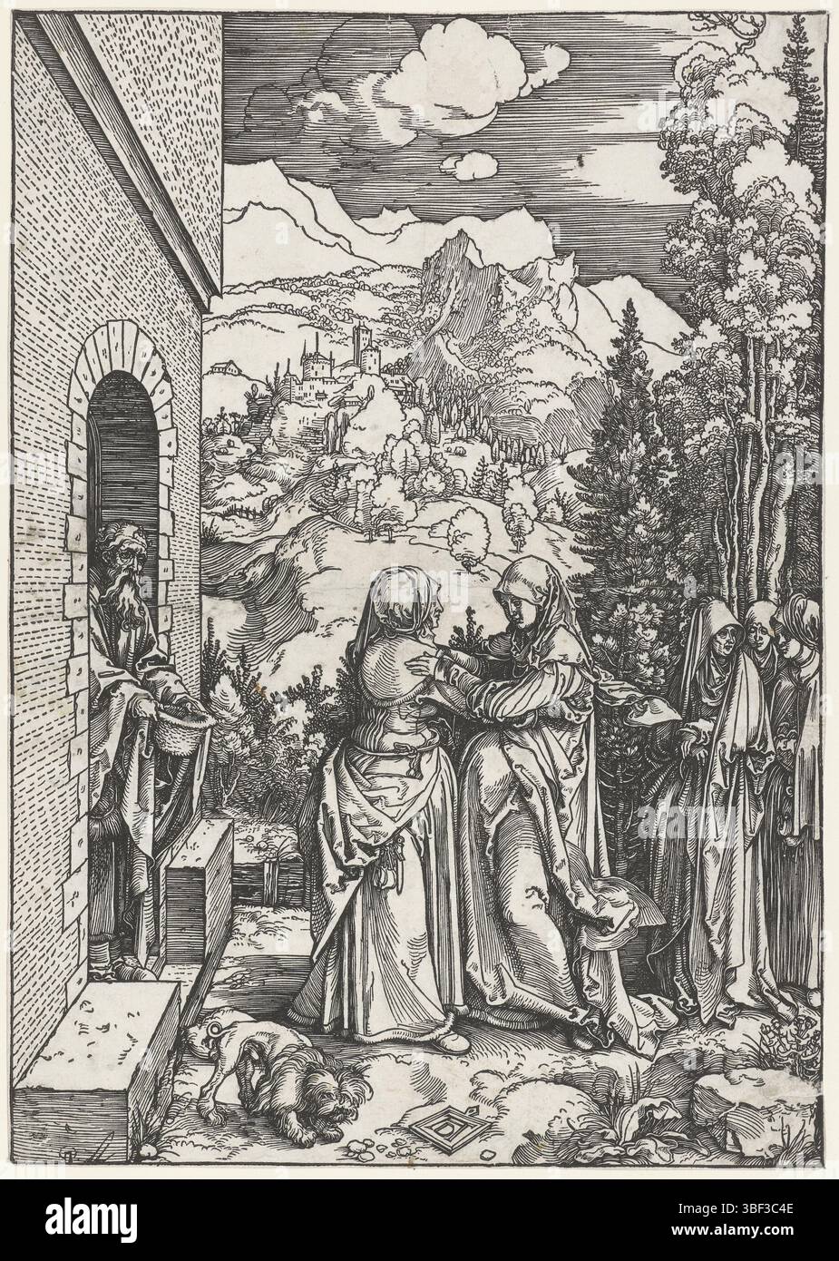 Nürnberg, Dürer, Albrecht, Marienleben, Besuch, links unten - gestempelt, Maria und Elizabeth, beide gerade schwanger, treffen sich in einem Haus. Ein Mann steht in der Tür, einige Frauen stehen hinter Maria und Elizabeth. Im Hintergrund eine Berglandschaft. Dieser Druck ist Teil einer Serie von 20 Drucken, bestehend aus einem Titeldruck und 19 Drucken mit Szenen aus dem Leben Marias., Druck, Höhe 299 mm, Breite 211 mm, Deutsch, 24. Mai 1471 - 05. 04. 1528, Druckerei, 1503 - 1504, 1. Quartal 16. Jahrhundert, Papier, Holzschnitt Stockfoto