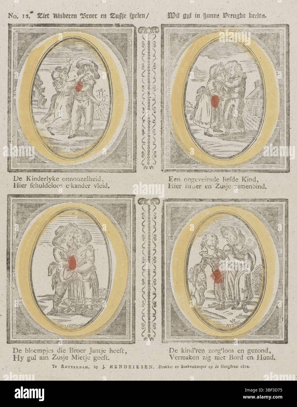Rotterdam, Hendriksen, Jan, Rotterdam, Lubeek, Hermanus van, sehen Sie, wie Kinder Bruder und Schwester spielen, wird großzügig an ihrer Freude teilhaben, verso - gestempelt, Blatt mit 4 Aufführungen von Brüdern und Schwestern, in ovalen dekorativen Rahmen. Unter jeder Aufführung eine zweizeilige Strophe. Nummeriert oben links: Nr. 12., Druck, Folk Print, Drucke, Höhe 427 mm, Breite 336 mm, Niederländisch, 1770 - 1807, Printmaker, 1810 - 1810, Papier, Holzschnitt, Farben, Buchdruck, Publikation (Ereignis), Publikation, Herausgeber Stockfoto
