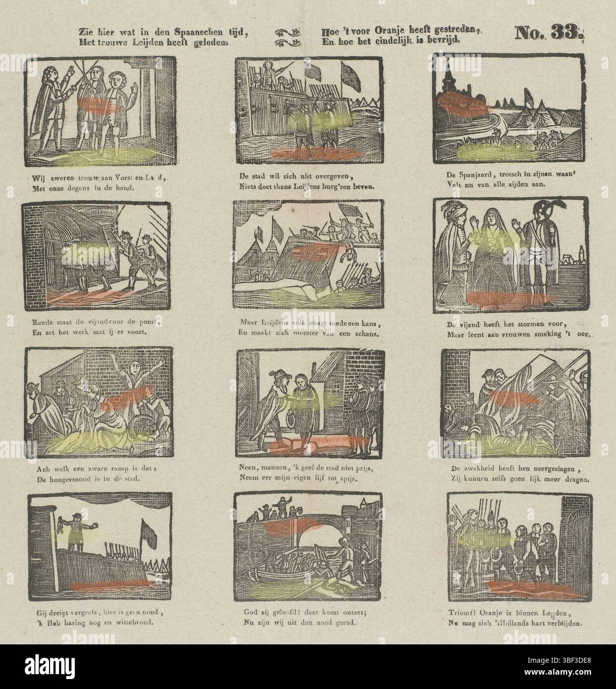 Rotterdam, Wijnhoven-Hendriksen, Theodorus Johannes, Wat onder 't Spaansche Jok Oud-Holland hat gelitten, und wie es immer mit Mut für seine Freiheit gekämpft hat; so wie es in der Geschichte Toont, liebe Kinder, deez' schönen Druck für Sie, Rotterdam, verso - gestempelt, Blatt mit 12 Aufführungen über die Belagerung und Bestürzung von Leiden beschrieben wird. Unter jedem Bild eine zweizeilige Strophe. Nummeriert oben rechts: Nr. 33., Druck, Folk Prints, Drucke, Höhe 427 mm, Breite 339 mm, Publikation (Event), Publikation, Niederländisch, Verlag, 1832 - 1850, Papier, Holzschnitt, Farben, Buchdruck, Bookprint, Stockfoto